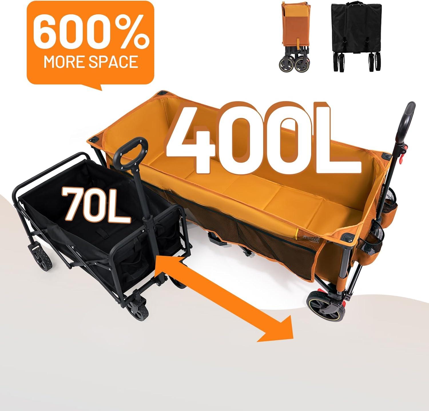 imageTIMBER RIDGE 512 Extended Collapsible Wagon Cart with Brakes and Cargo Net 350LBS Heavy Duty Foldable Utility Wagon with Adjustable Handle 400L Capacity Portable Cart for Camping Sports ShoppingOrange
