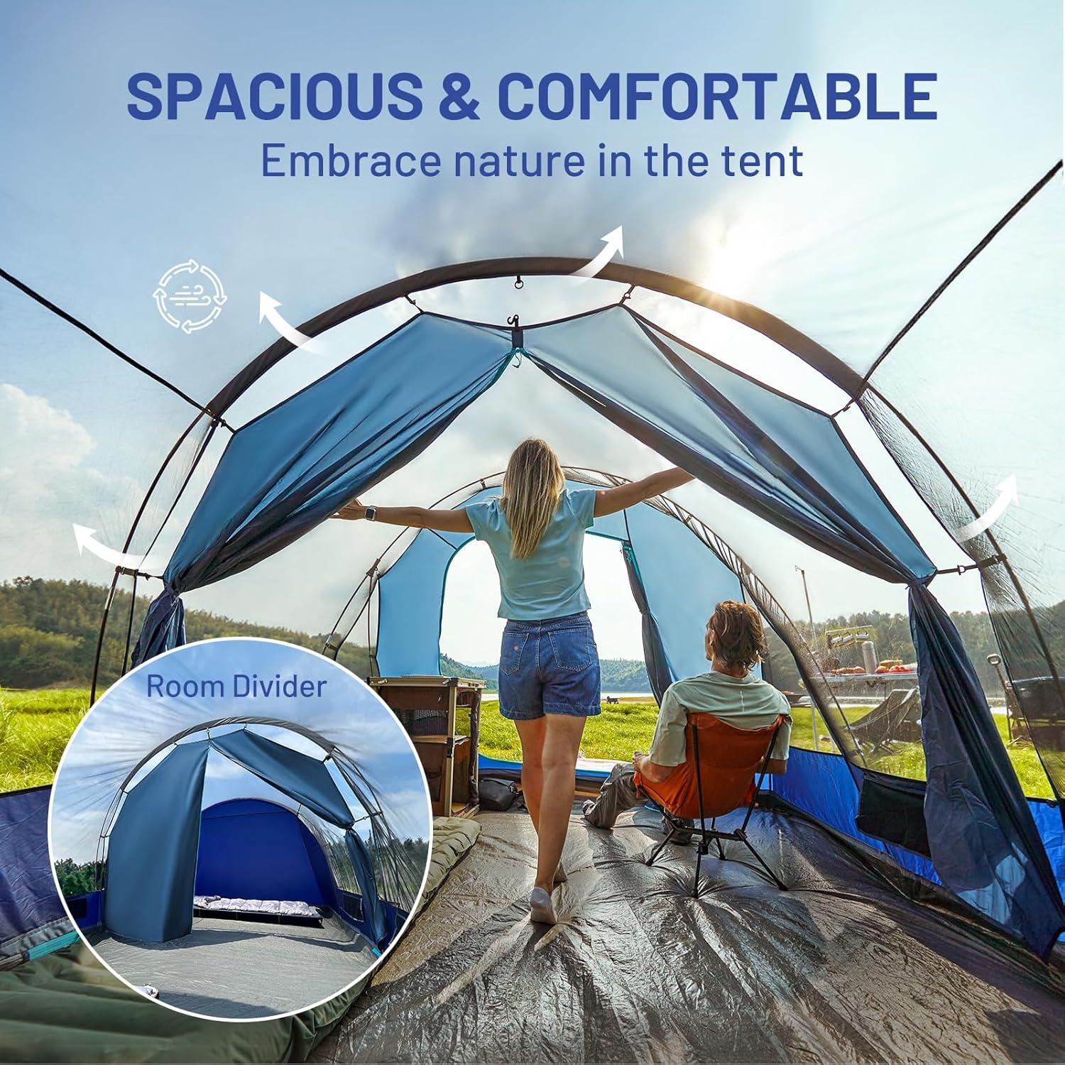 imageTIMBER RIDGE 8 Person Camping Tent with Large Porch Portable Waterproof Windproof Family Tent with Rainfly Carry Bag Room Divider Easy Setup Tent with Excellent Ventilation for Camping 3 Season