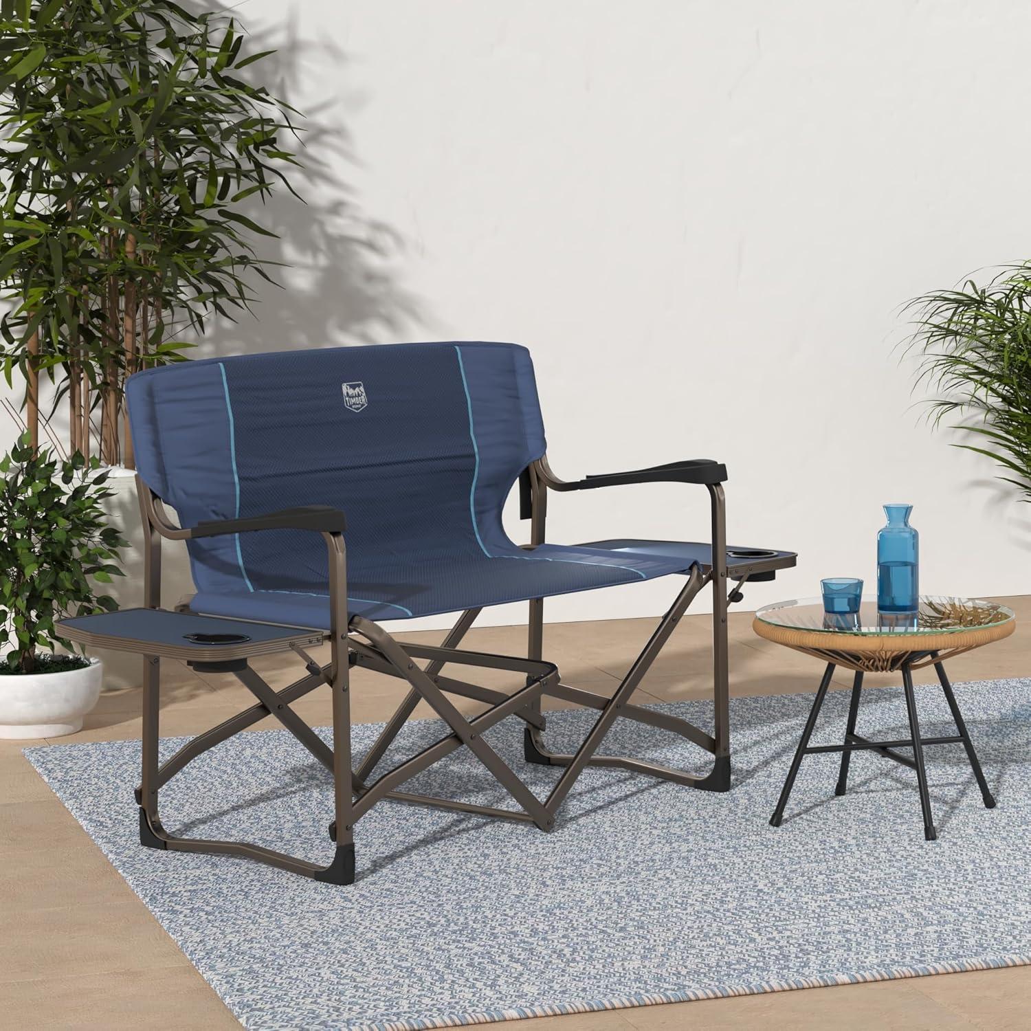 imageTIMBER RIDGE Double Camping Chair Foldable Loveseat Directors Chairs Oversized Double Folding Camping Chairs with 2 Side Tables 2 Person Lawn Chair Heavy Duty Support 600 LBS for Outdoor BlueBlue