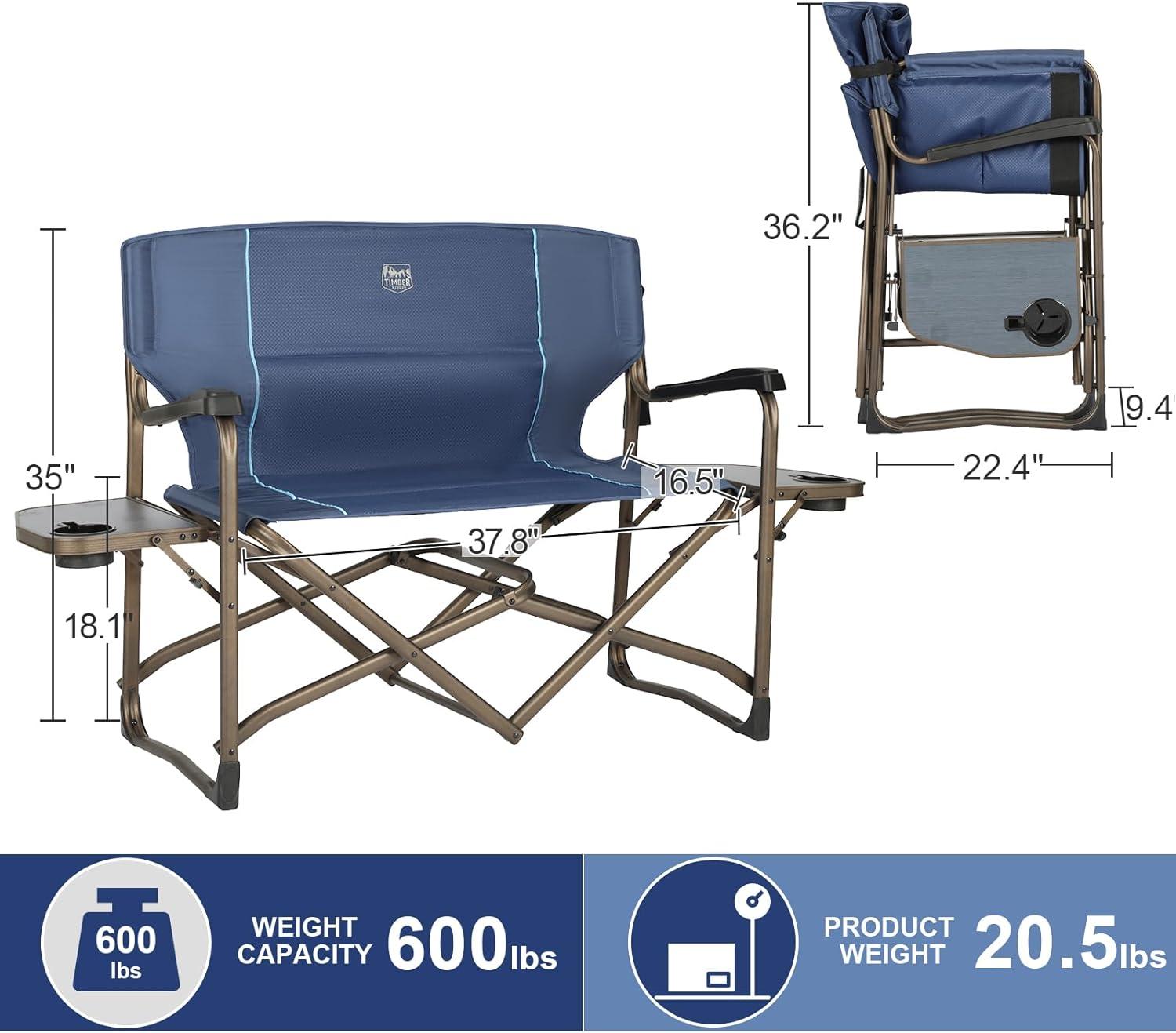 imageTIMBER RIDGE Double Camping Chair Foldable Loveseat Directors Chairs Oversized Double Folding Camping Chairs with 2 Side Tables 2 Person Lawn Chair Heavy Duty Support 600 LBS for Outdoor BlueBlue
