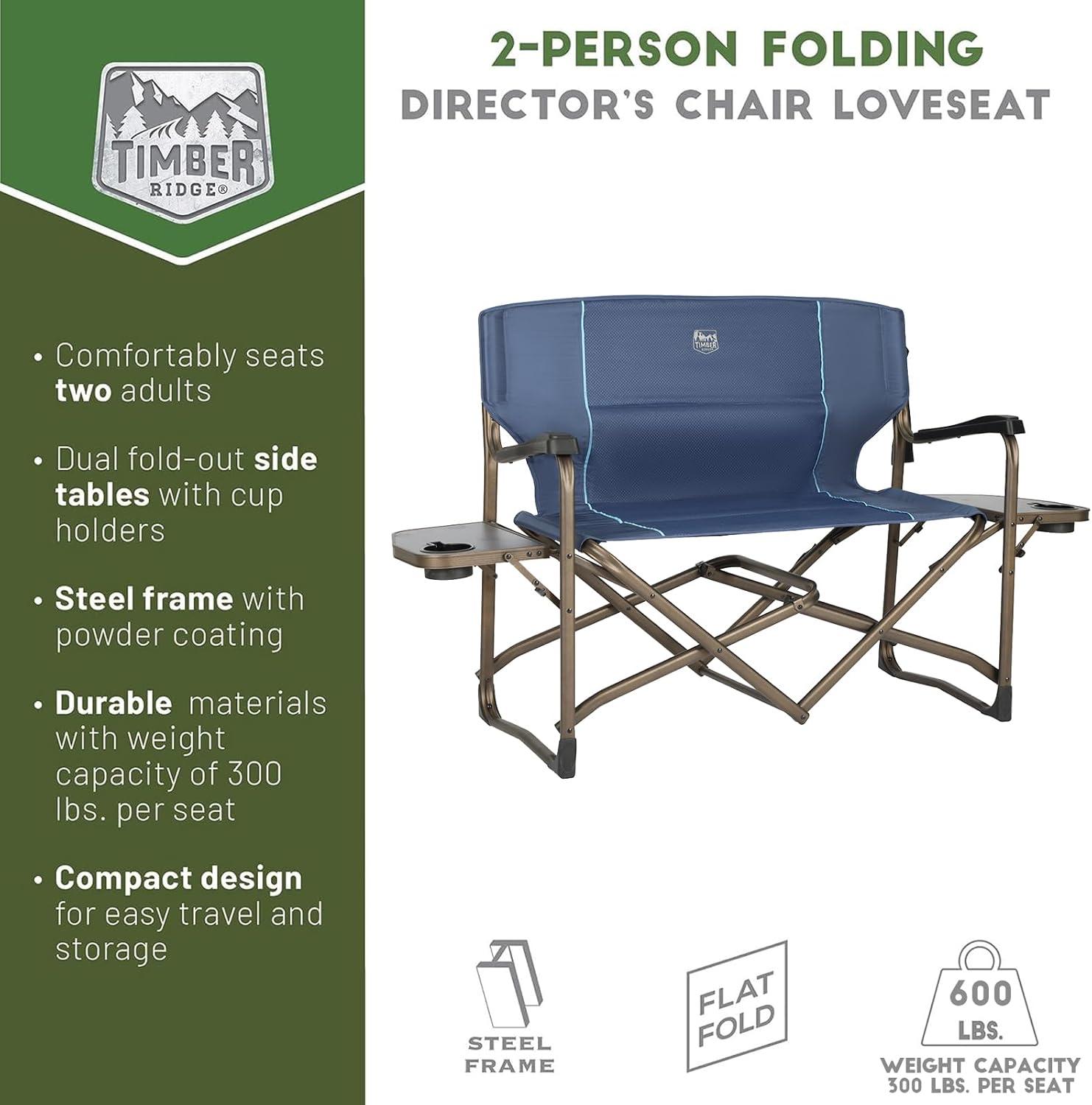 imageTIMBER RIDGE Double Camping Chair Foldable Loveseat Directors Chairs Oversized Double Folding Camping Chairs with 2 Side Tables 2 Person Lawn Chair Heavy Duty Support 600 LBS for Outdoor BlueBlue