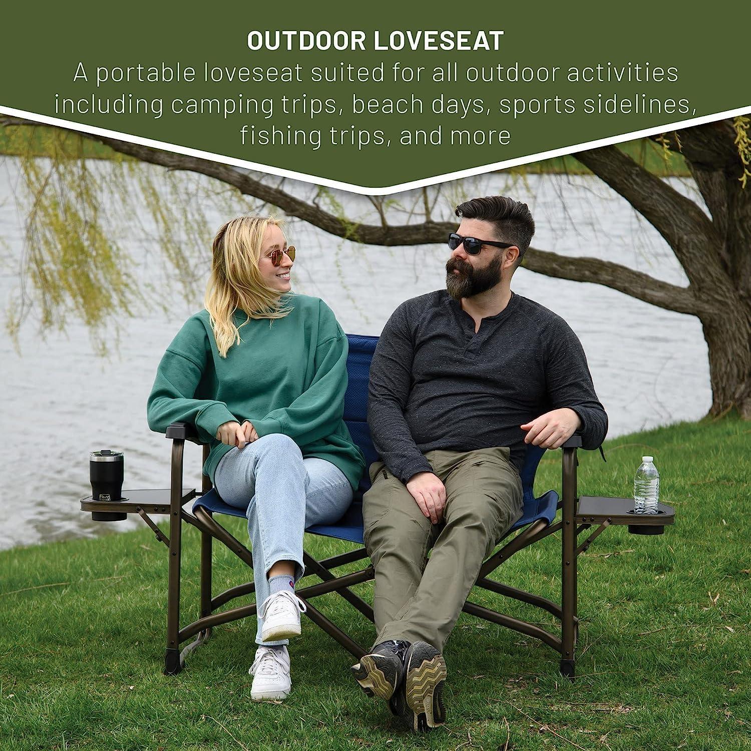 imageTIMBER RIDGE Double Camping Chair Foldable Loveseat Directors Chairs Oversized Double Folding Camping Chairs with 2 Side Tables 2 Person Lawn Chair Heavy Duty Support 600 LBS for Outdoor BlueBlue