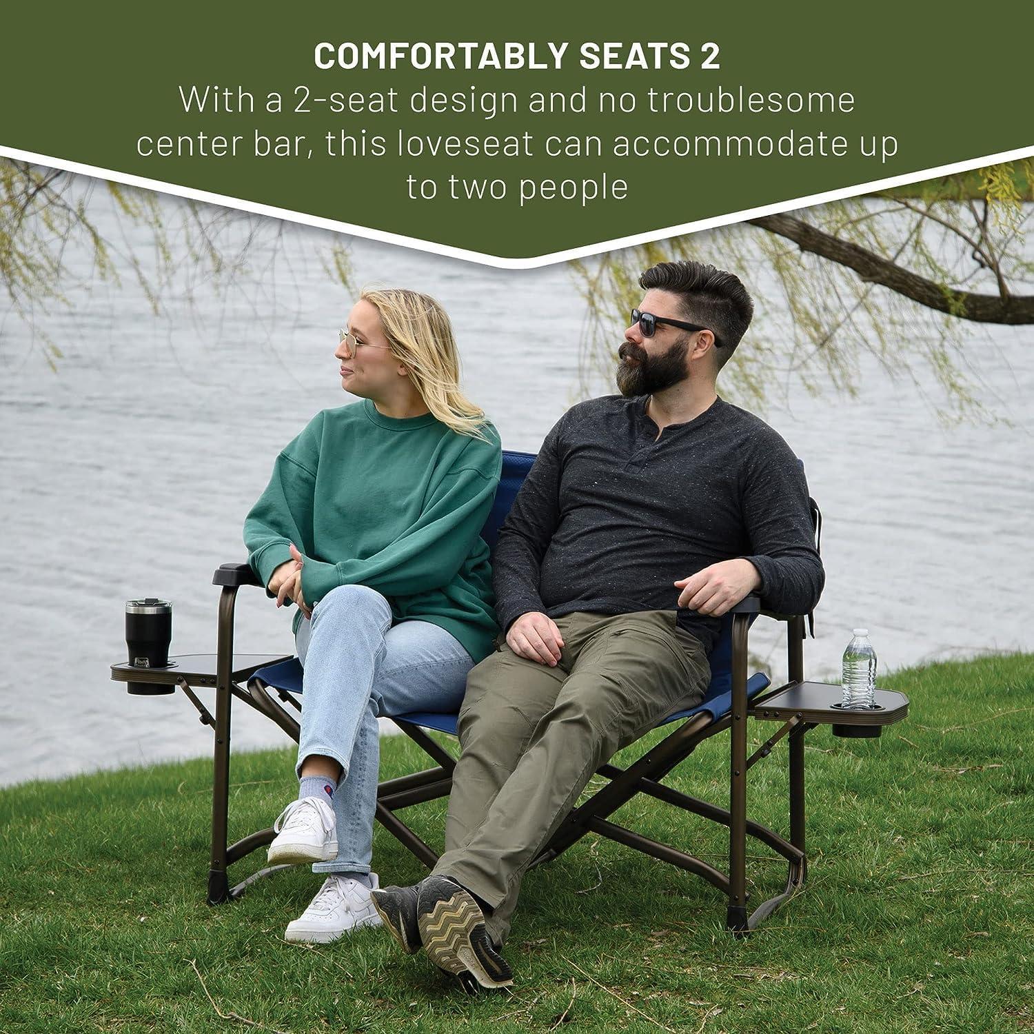 imageTIMBER RIDGE Double Camping Chair Foldable Loveseat Directors Chairs Oversized Double Folding Camping Chairs with 2 Side Tables 2 Person Lawn Chair Heavy Duty Support 600 LBS for Outdoor BlueBlue