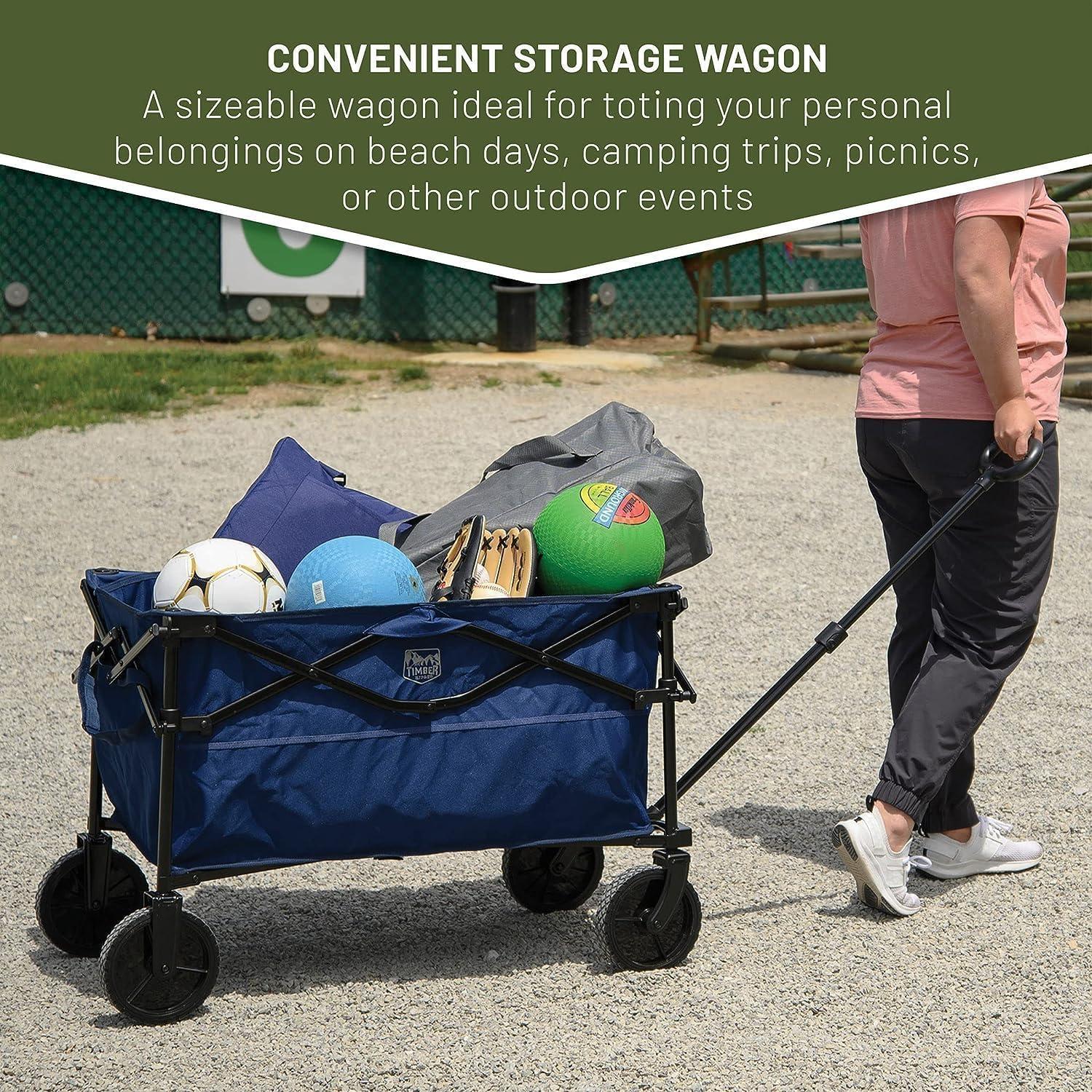 imageTIMBER RIDGE Folding Collapsible Wagon Utility Push Pull Beach Wagon with AllTerrain Universal Wheels Heavy Duty Foldable Grocery Cart for Outdoor Garden Camping Shopping Holds 225 lbs Dark Blue