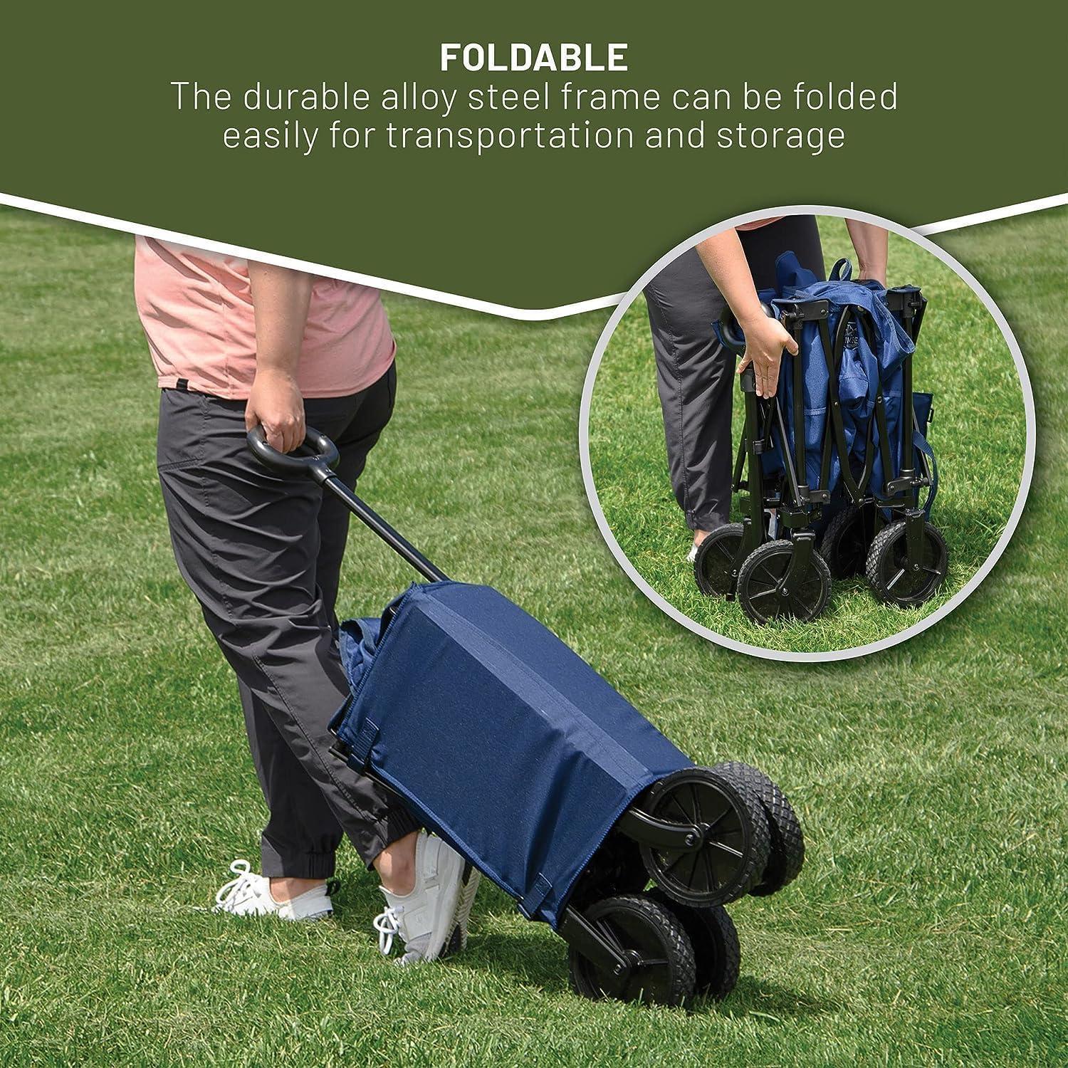 imageTIMBER RIDGE Folding Collapsible Wagon Utility Push Pull Beach Wagon with AllTerrain Universal Wheels Heavy Duty Foldable Grocery Cart for Outdoor Garden Camping Shopping Holds 225 lbs Dark Blue