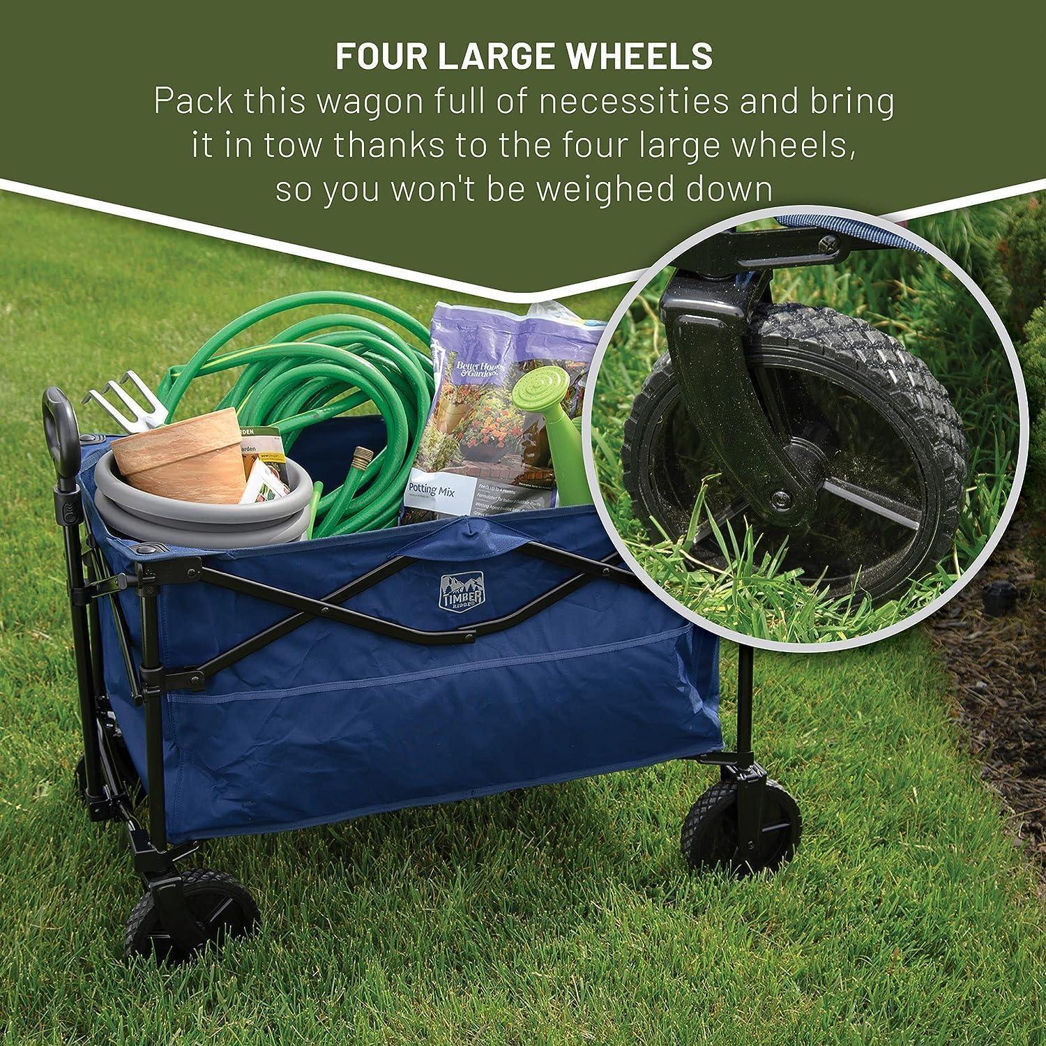 imageTIMBER RIDGE Folding Collapsible Wagon Utility Push Pull Beach Wagon with AllTerrain Universal Wheels Heavy Duty Foldable Grocery Cart for Outdoor Garden Camping Shopping Holds 225 lbs Dark Blue