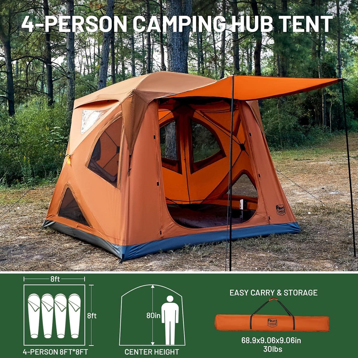 imageTIMBER RIDGE Instant Pop Up Hub Tent 4 Person Portable Weather Resistant Camping Tent 60 Second SetUp Easy Up Tents with Rain Fly and Carry Bag Orange