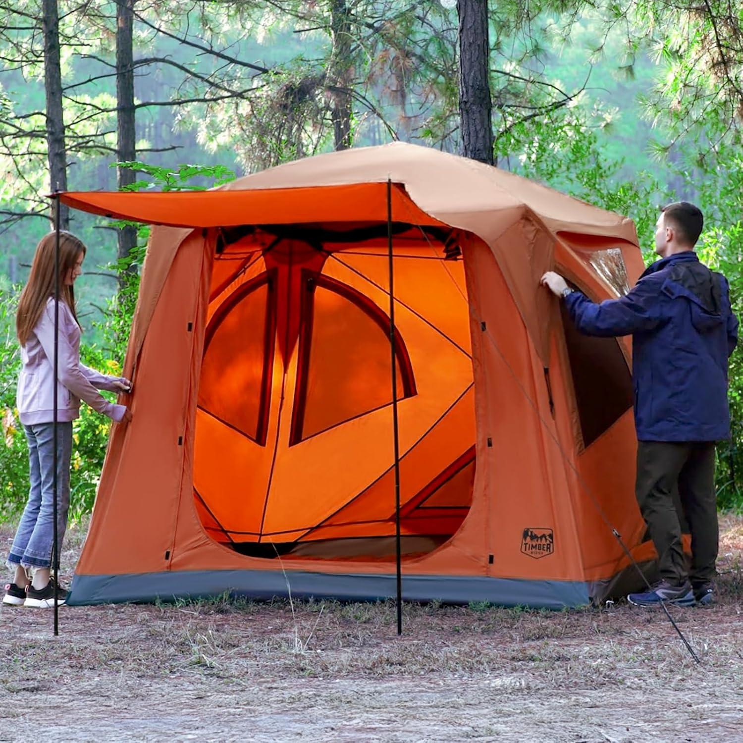imageTIMBER RIDGE Instant Pop Up Hub Tent 4 Person Portable Weather Resistant Camping Tent 60 Second SetUp Easy Up Tents with Rain Fly and Carry Bag Orange