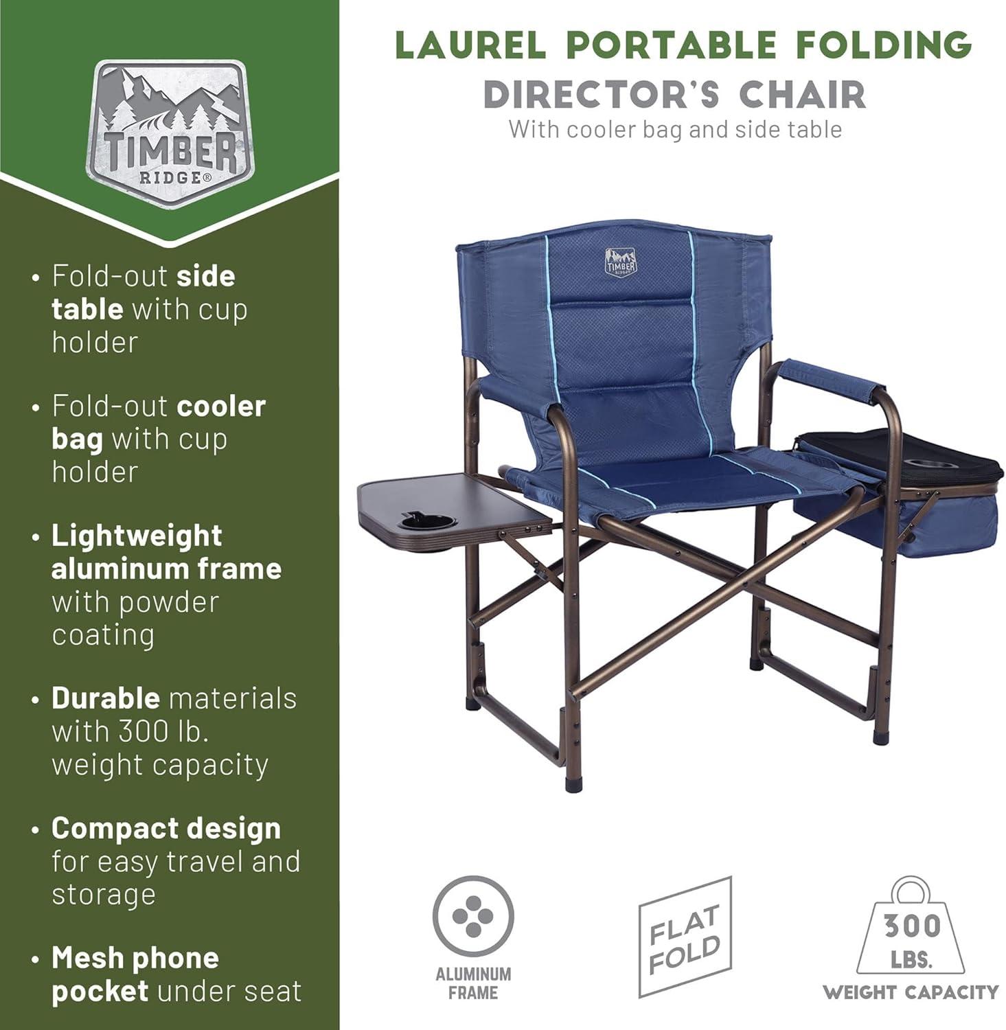 imageTIMBER RIDGE Lightweight Camping Chair Portable Laurel Directors Chair with Foldable Side Table Cooler Bag ampamp Mesh Pocket Compact Outdoor Folding Lawn Chair Supports 300lbs GreyBlue
