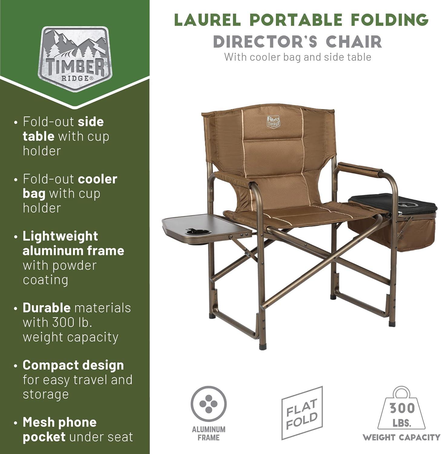 imageTIMBER RIDGE Lightweight Camping Chair Portable Laurel Directors Chair with Foldable Side Table Cooler Bag ampamp Mesh Pocket Compact Outdoor Folding Lawn Chair Supports 300lbs GreyEarth Brown