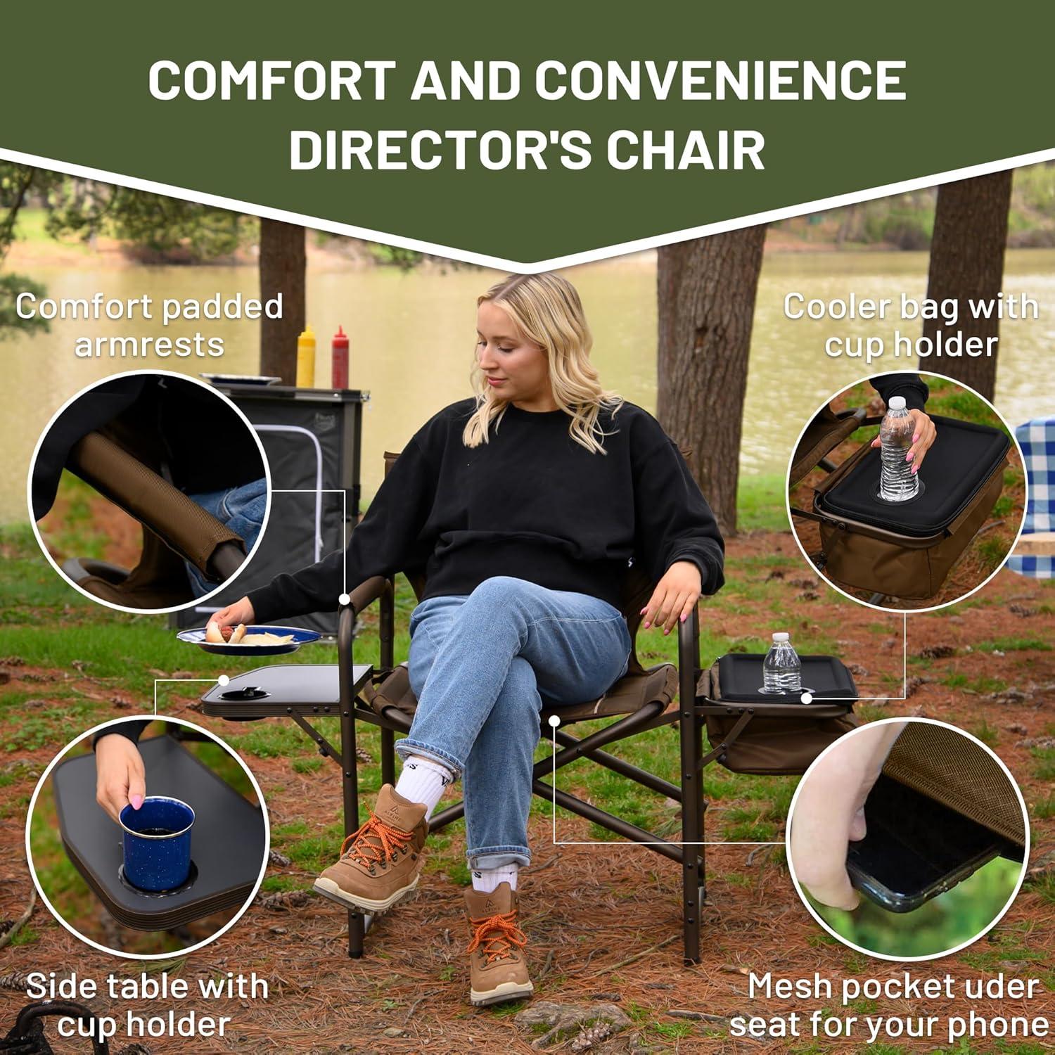 imageTIMBER RIDGE Lightweight Camping Chair Portable Laurel Directors Chair with Foldable Side Table Cooler Bag ampamp Mesh Pocket Compact Outdoor Folding Lawn Chair Supports 300lbs GreyEarth Brown