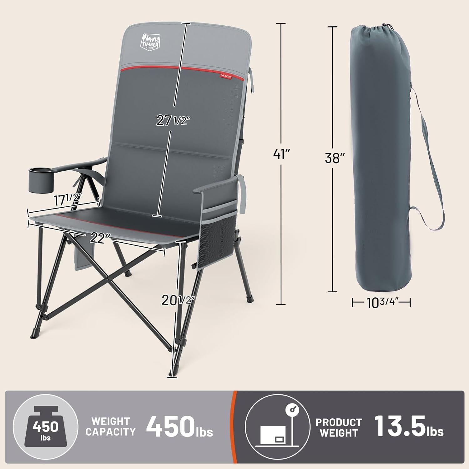 imageTIMBER RIDGE Oversized Camping Chair with Lumbar Support Portable Folding Chair Heavy Duty for Adults Supports 450 LBS for Outdoor Camping Lawn with High Back Cup Holder Side Pocket  BlueHeated Gray