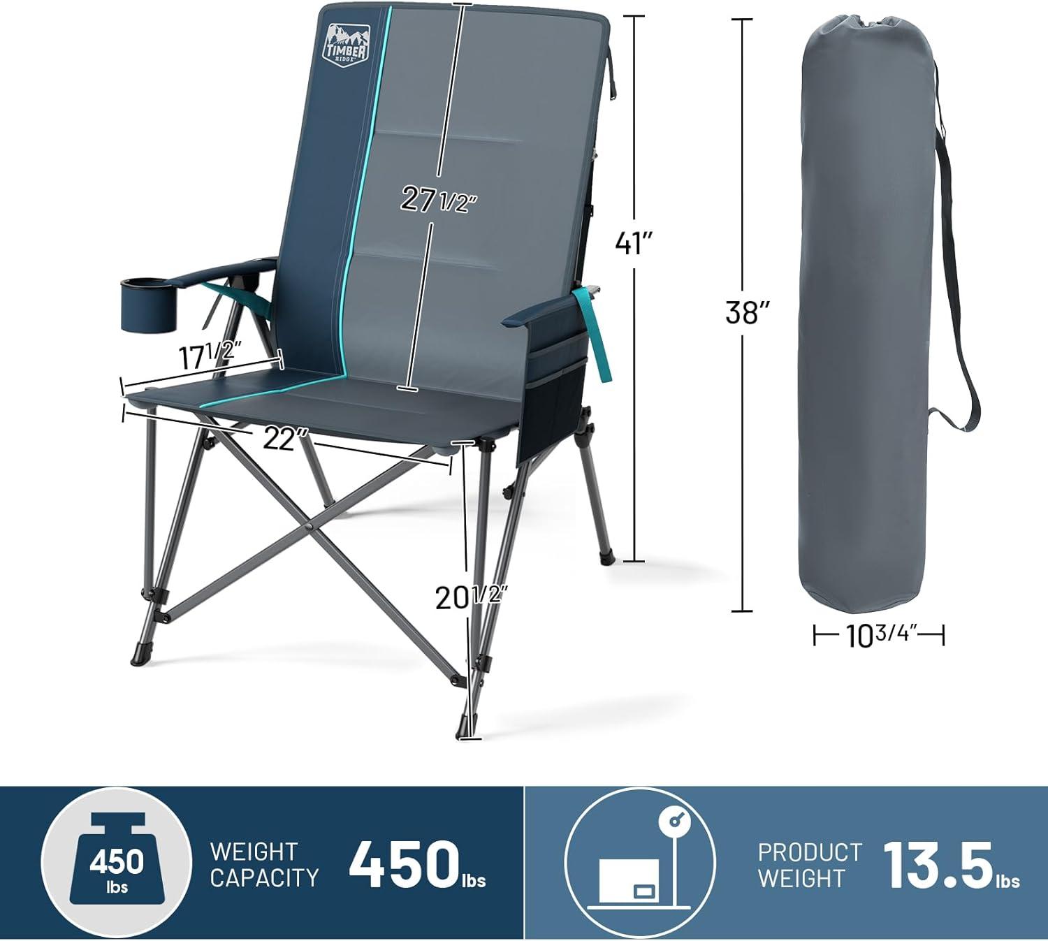 imageTIMBER RIDGE Oversized Camping Chair with Lumbar Support Portable Folding Chair Heavy Duty for Adults Supports 450 LBS for Outdoor Camping Lawn with High Back Cup Holder Side Pocket  BlueBlue