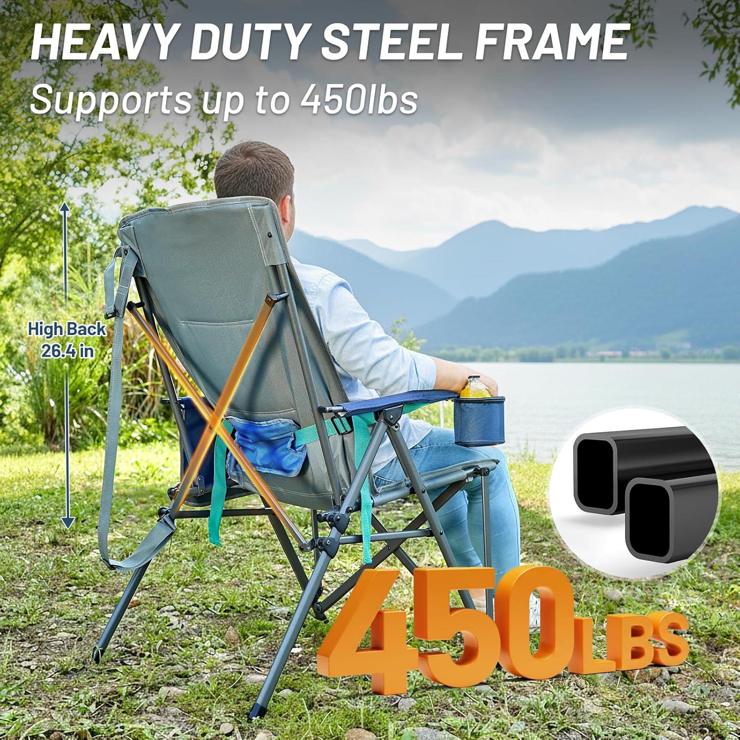 imageTIMBER RIDGE Oversized Camping Chair with Lumbar Support Portable Folding Chair Heavy Duty for Adults Supports 450 LBS for Outdoor Camping Lawn with High Back Cup Holder Side Pocket  BlueBlue
