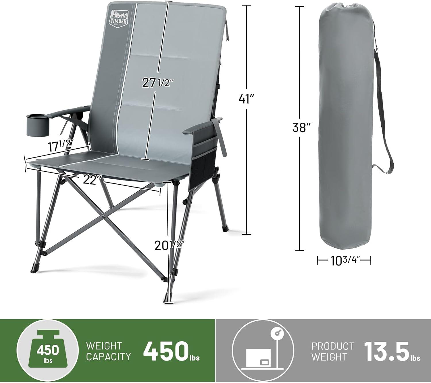 imageTIMBER RIDGE Oversized Camping Chair with Lumbar Support Portable Folding Chair Heavy Duty for Adults Supports 450 LBS for Outdoor Camping Lawn with High Back Cup Holder Side Pocket  BlueGrey