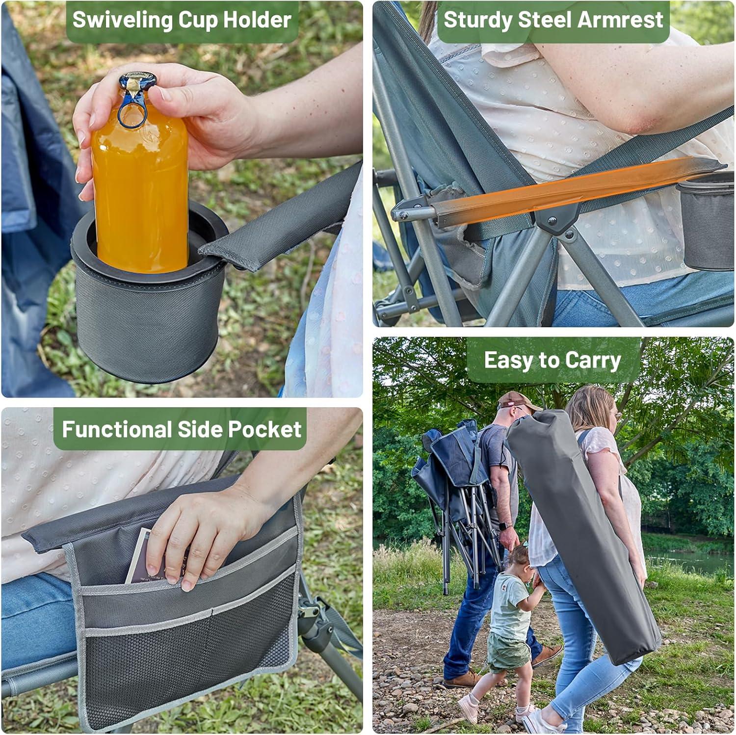 imageTIMBER RIDGE Oversized Camping Chair with Lumbar Support Portable Folding Chair Heavy Duty for Adults Supports 450 LBS for Outdoor Camping Lawn with High Back Cup Holder Side Pocket  BlueGrey