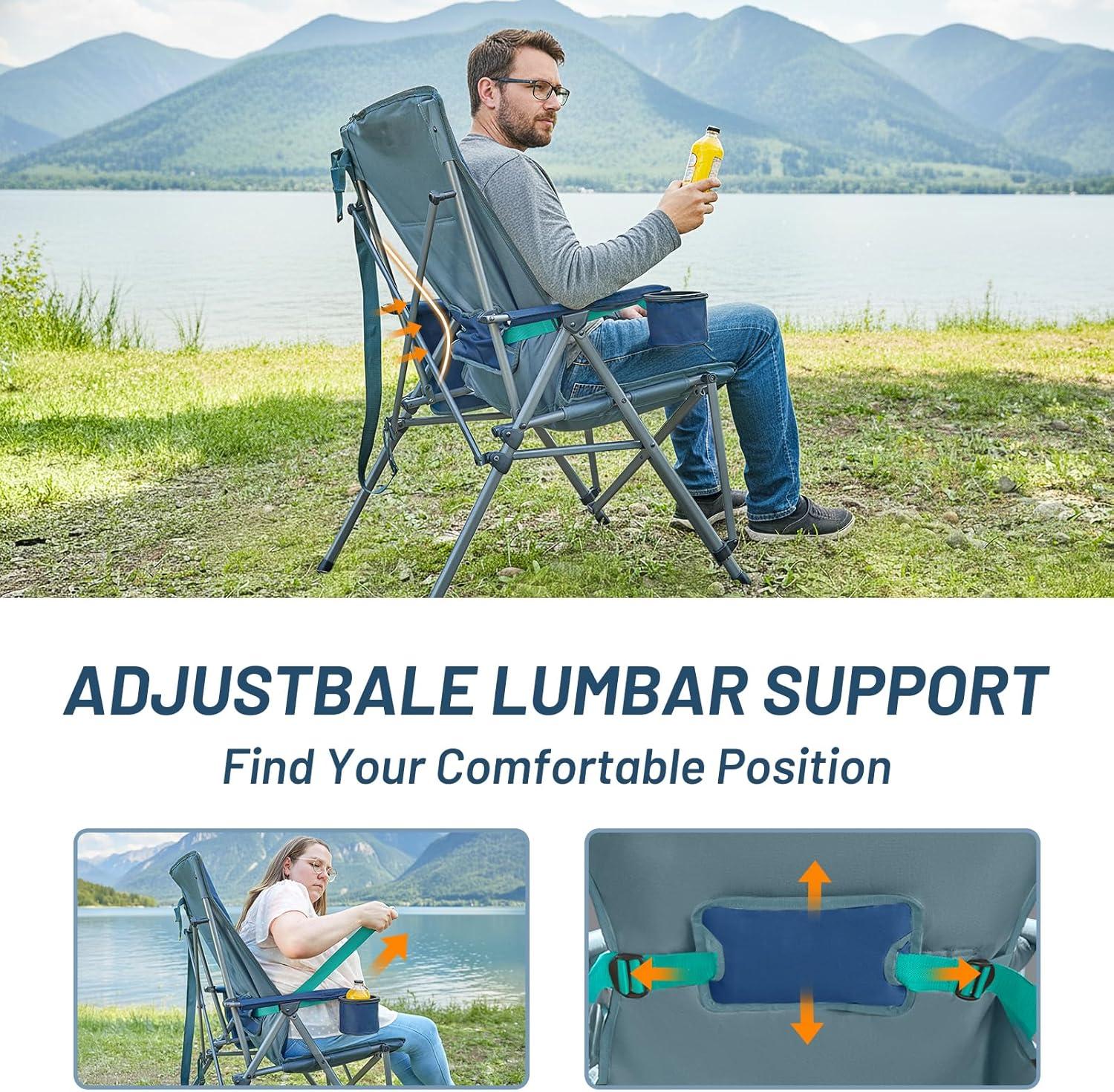 imageTIMBER RIDGE Oversized Camping Chair with Lumbar Support Portable Folding Chair Heavy Duty for Adults Supports 450 LBS for Outdoor Camping Lawn with High Back Cup Holder Side Pocket  BlueBlue