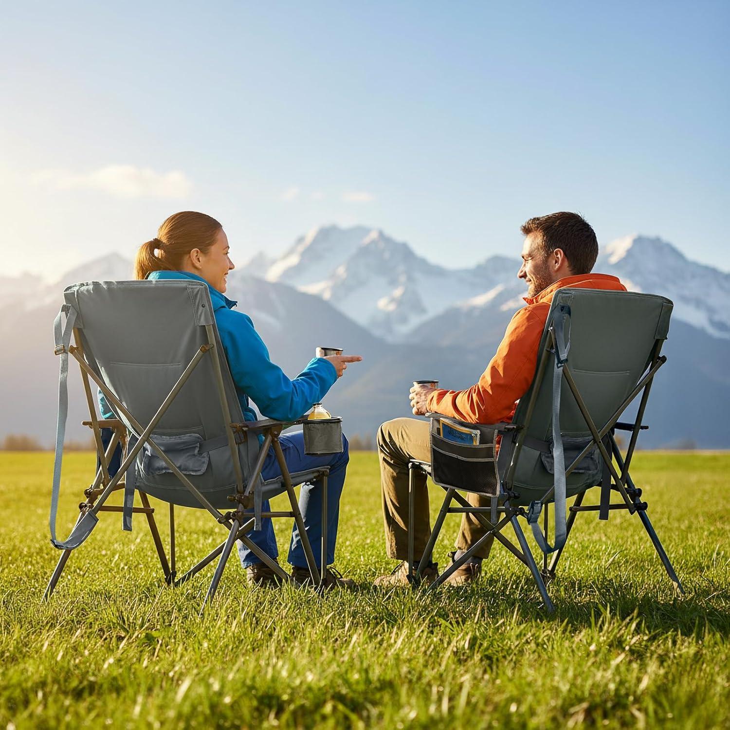 imageTIMBER RIDGE Oversized Camping Chair with Lumbar Support Portable Folding Chair Heavy Duty for Adults Supports 450 LBS for Outdoor Camping Lawn with High Back Cup Holder Side Pocket  BlueGrey