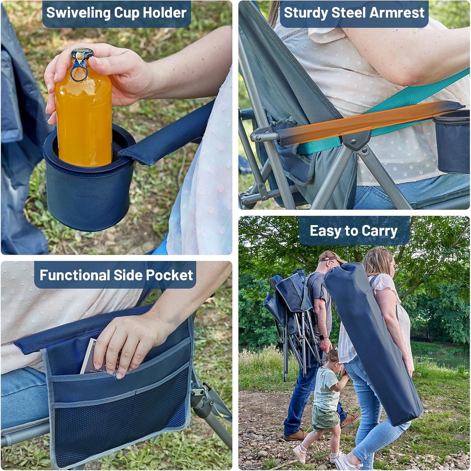 imageTIMBER RIDGE Oversized Camping Chair with Lumbar Support Portable Folding Chair Heavy Duty for Adults Supports 450 LBS for Outdoor Camping Lawn with High Back Cup Holder Side Pocket  BlueBlue