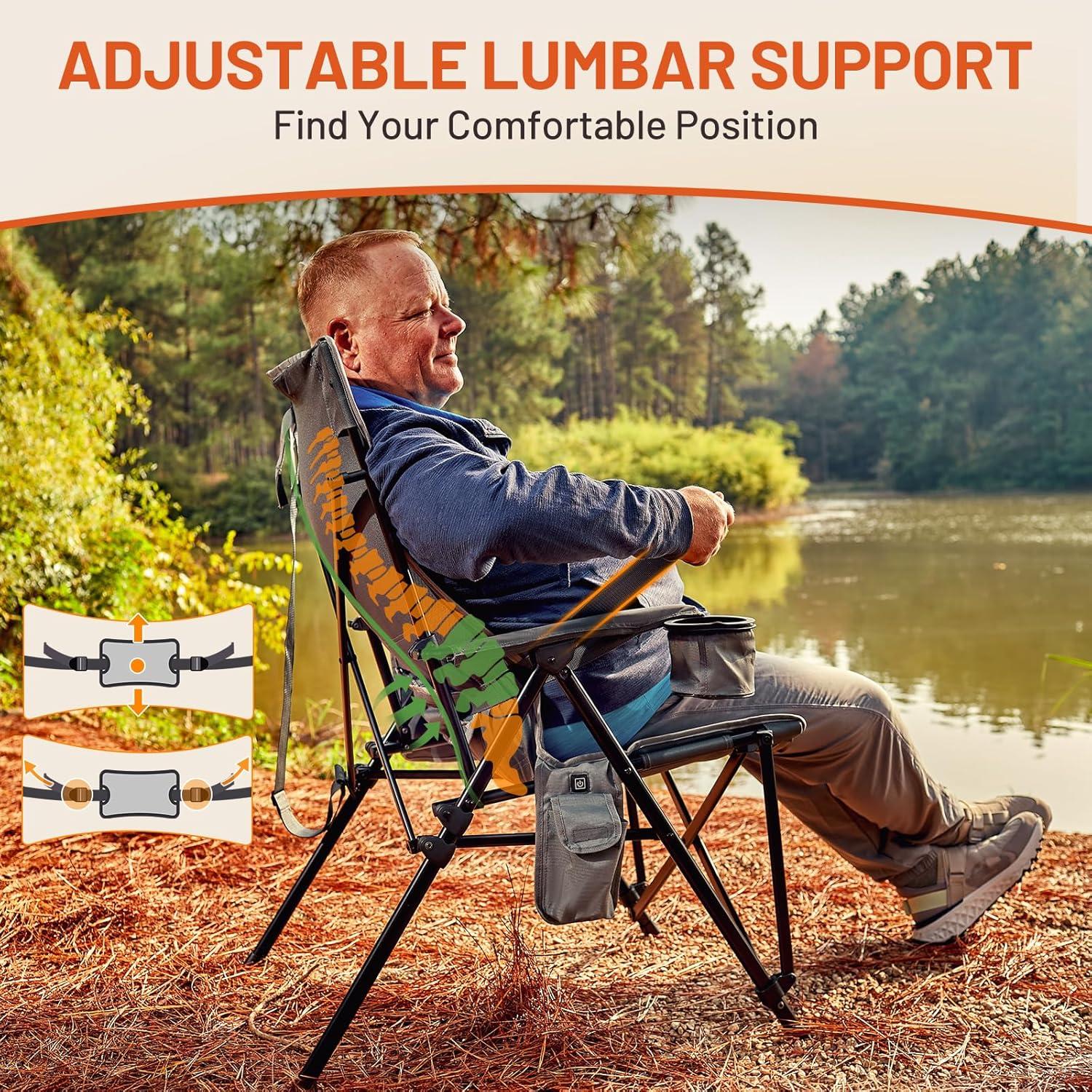 imageTIMBER RIDGE Oversized Camping Chair with Lumbar Support Portable Folding Chair Heavy Duty for Adults Supports 450 LBS for Outdoor Camping Lawn with High Back Cup Holder Side Pocket  BlueHeated Gray