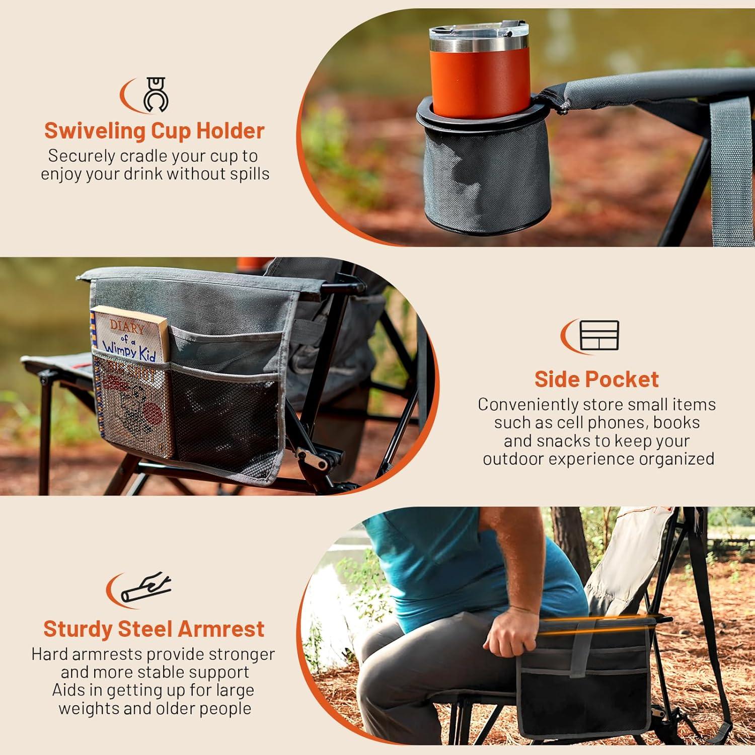 imageTIMBER RIDGE Oversized Camping Chair with Lumbar Support Portable Folding Chair Heavy Duty for Adults Supports 450 LBS for Outdoor Camping Lawn with High Back Cup Holder Side Pocket  BlueHeated Gray