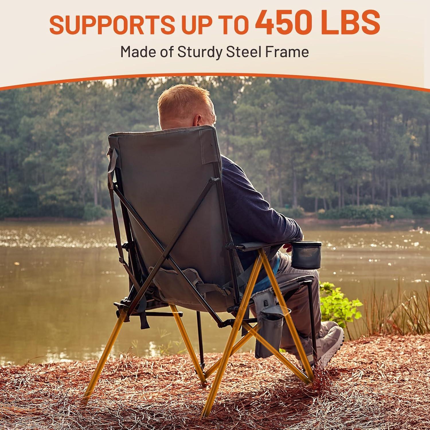 imageTIMBER RIDGE Oversized Camping Chair with Lumbar Support Portable Folding Chair Heavy Duty for Adults Supports 450 LBS for Outdoor Camping Lawn with High Back Cup Holder Side Pocket  BlueHeated Gray