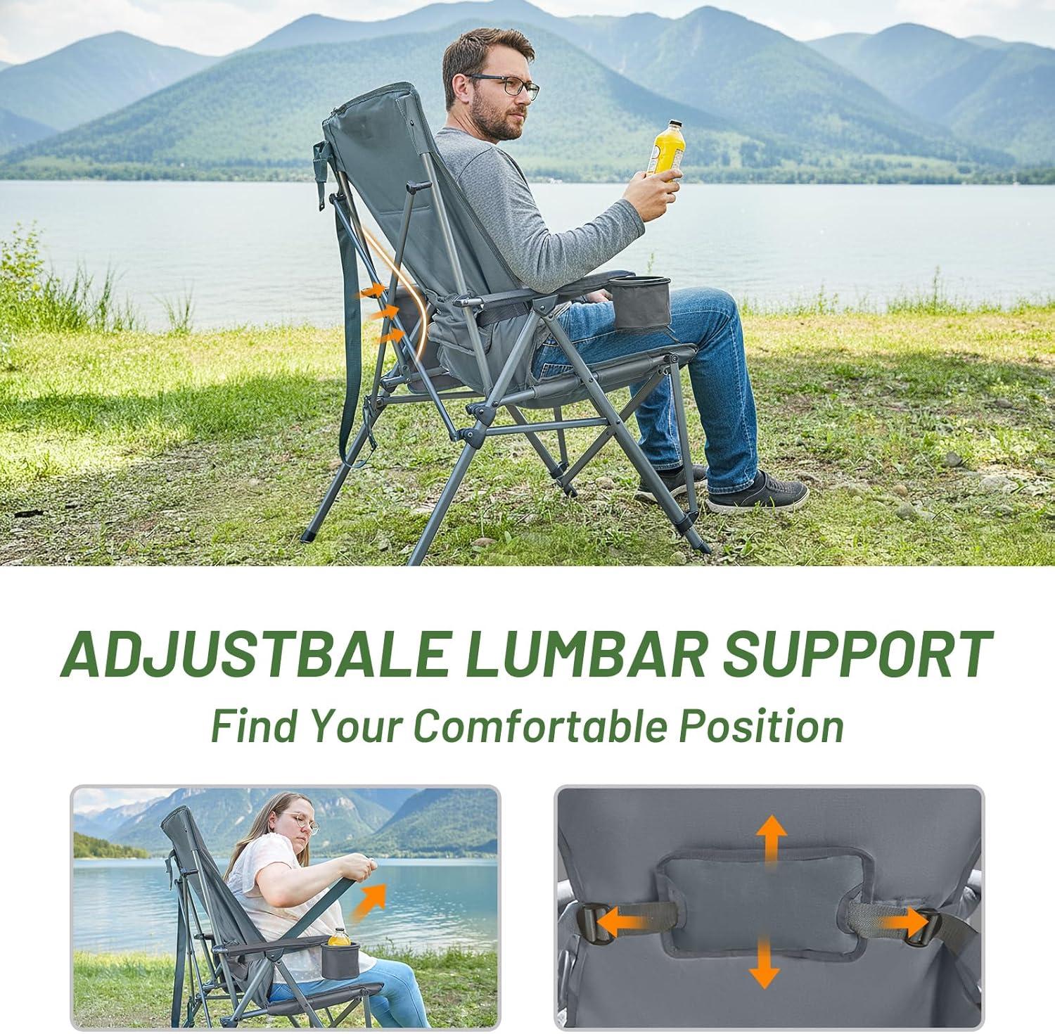 imageTIMBER RIDGE Oversized Camping Chair with Lumbar Support Portable Folding Chair Heavy Duty for Adults Supports 450 LBS for Outdoor Camping Lawn with High Back Cup Holder Side Pocket  BlueGrey