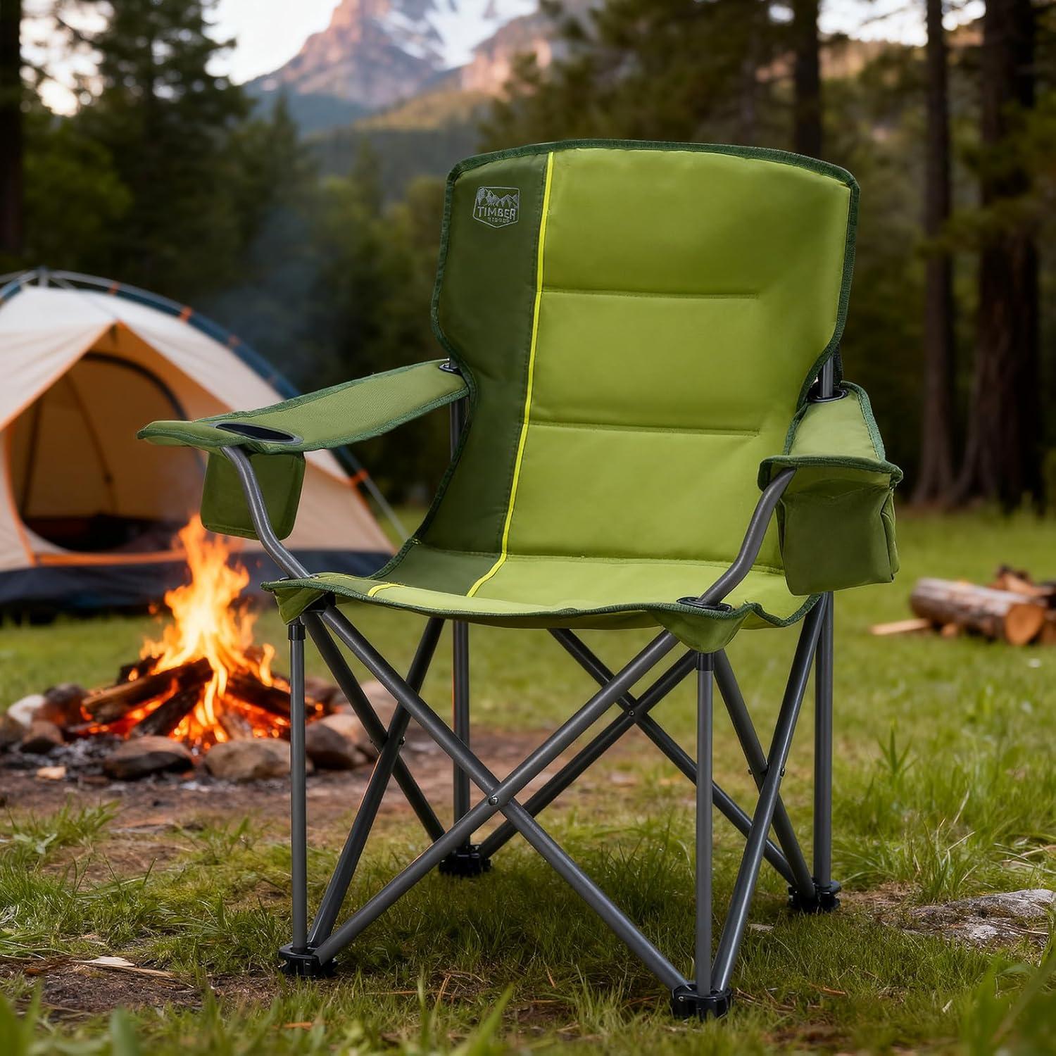 imageTIMBER RIDGE Oversized Folding Camping Chair for Adults Support 550 LBS Heavy Duty with Cup Holder Side Pocket for Camp Lawn Picnic Tan 2 PackGreen2 Pack