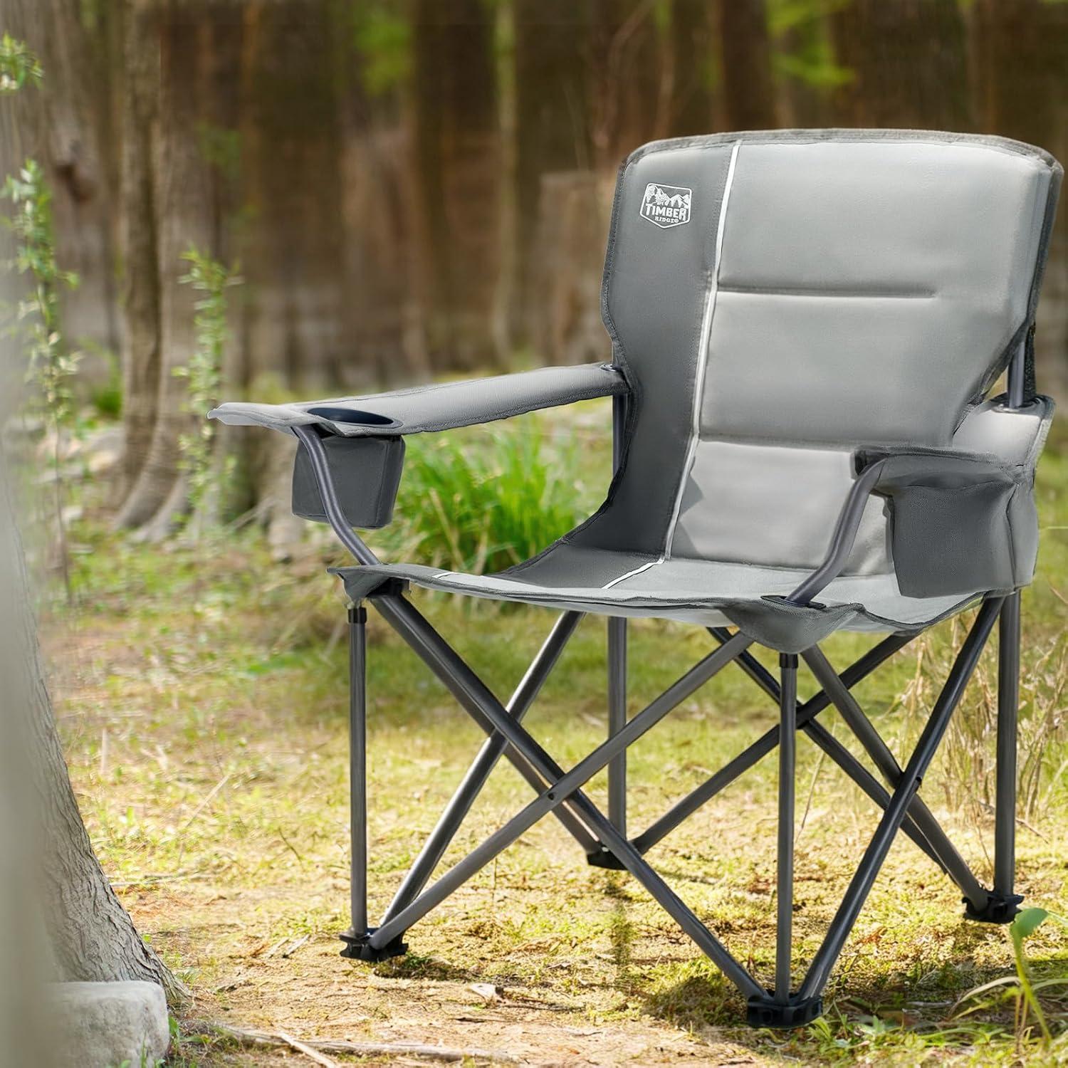 imageTIMBER RIDGE Oversized Folding Camping Chair for Adults Support 550 LBS Heavy Duty with Cup Holder Side Pocket for Camp Lawn Picnic Tan 2 PackGrey2 Pack