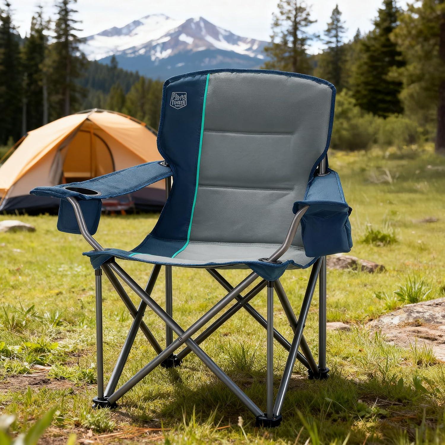 imageTIMBER RIDGE Oversized Folding Camping Chair for Adults Support 550 LBS Heavy Duty with Cup Holder Side Pocket for Camp Lawn Picnic Tan 2 PackNavyupgrade