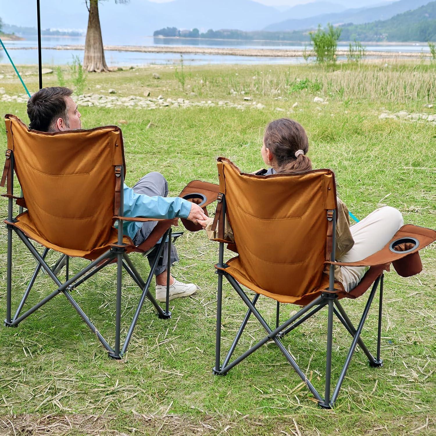 imageTIMBER RIDGE Oversized Folding Camping Chair for Adults Support 550 LBS Heavy Duty with Cup Holder Side Pocket for Camp Lawn Picnic Tan 2 PackOrange2 Pack