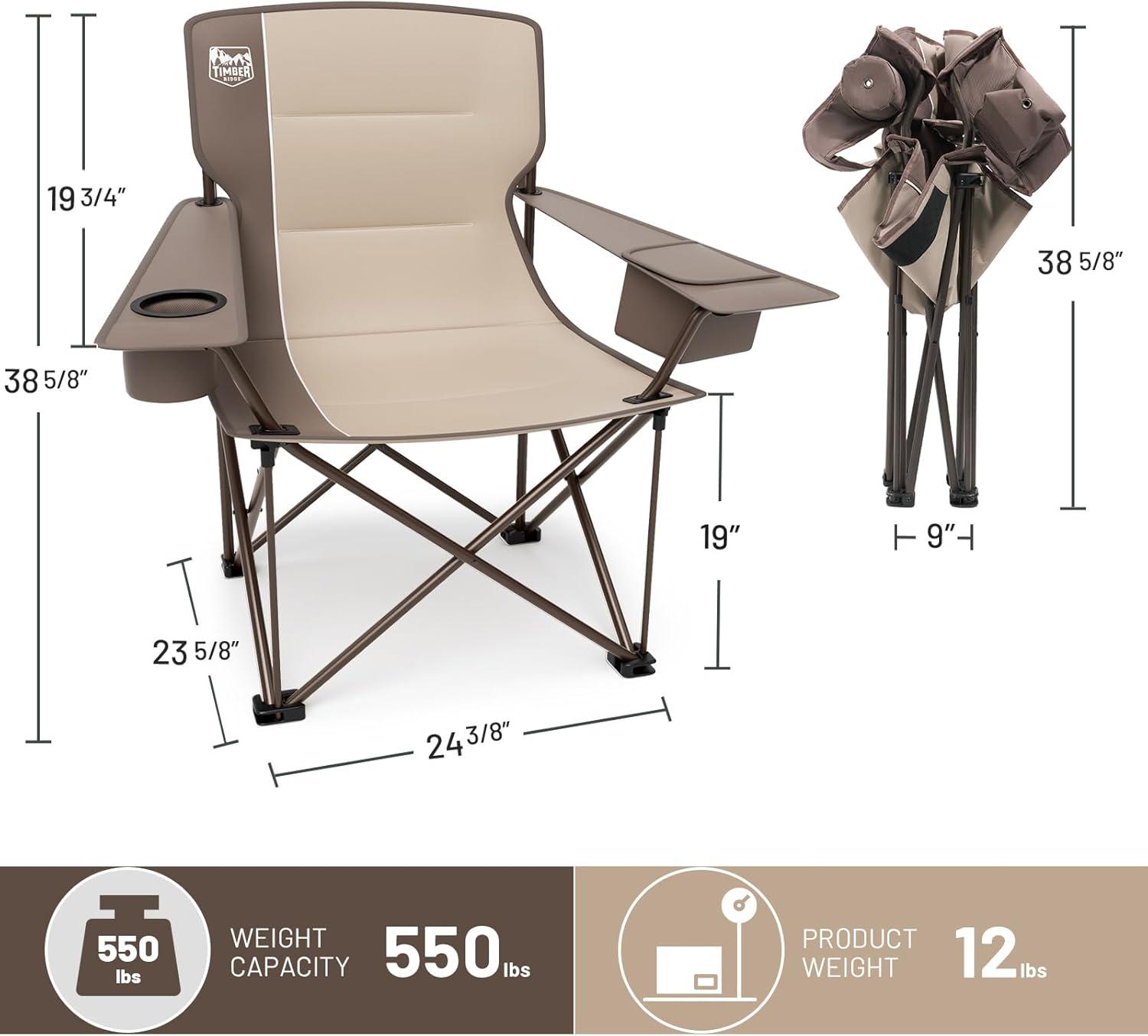 imageTIMBER RIDGE Oversized Folding Camping Chair for Adults Support 550 LBS Heavy Duty with Cup Holder Side Pocket for Camp Lawn Picnic Tan 2 PackTan2 Pack
