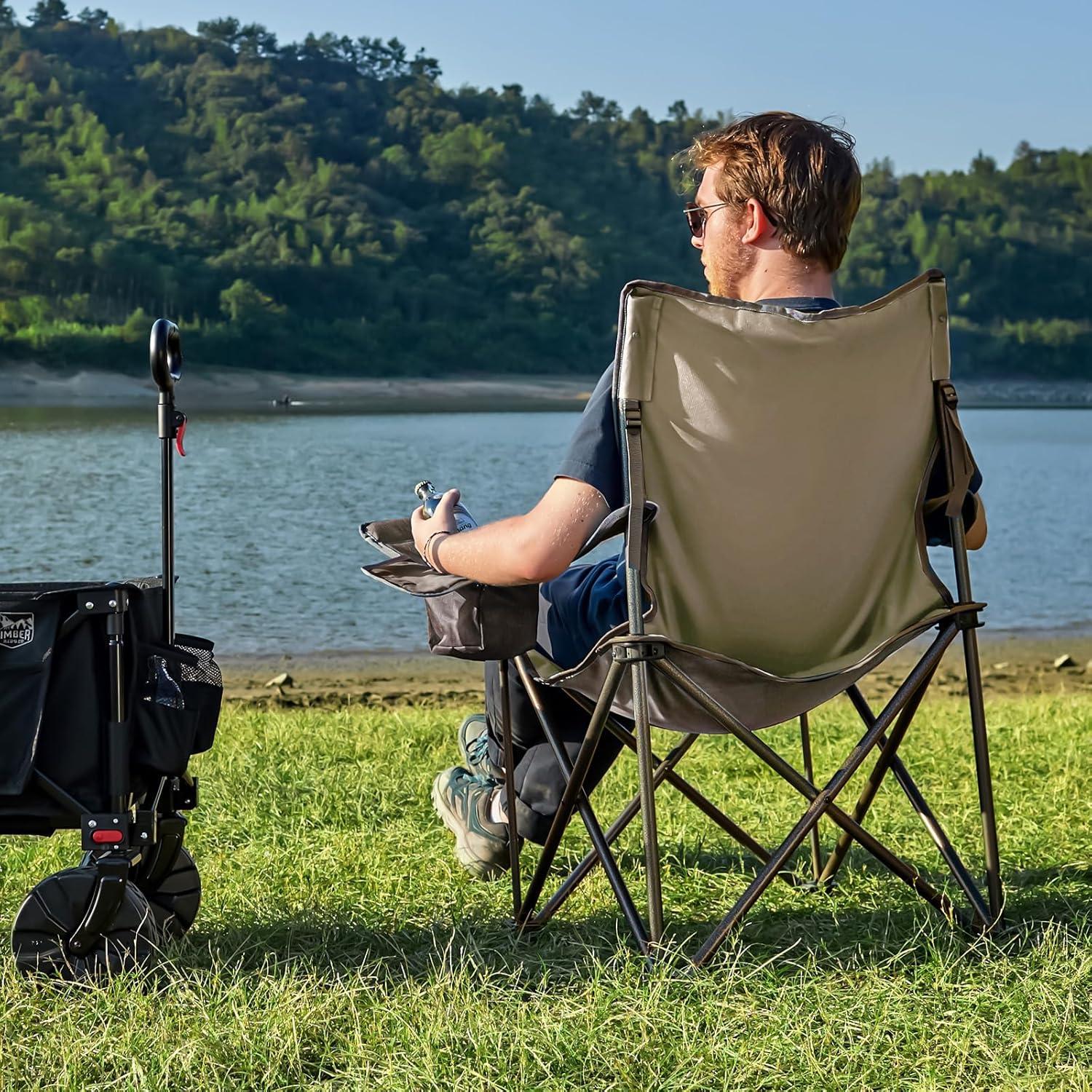 imageTIMBER RIDGE Oversized Folding Camping Chair for Adults Support 550 LBS Heavy Duty with Cup Holder Side Pocket for Camp Lawn Picnic Tan 2 PackTan2 Pack