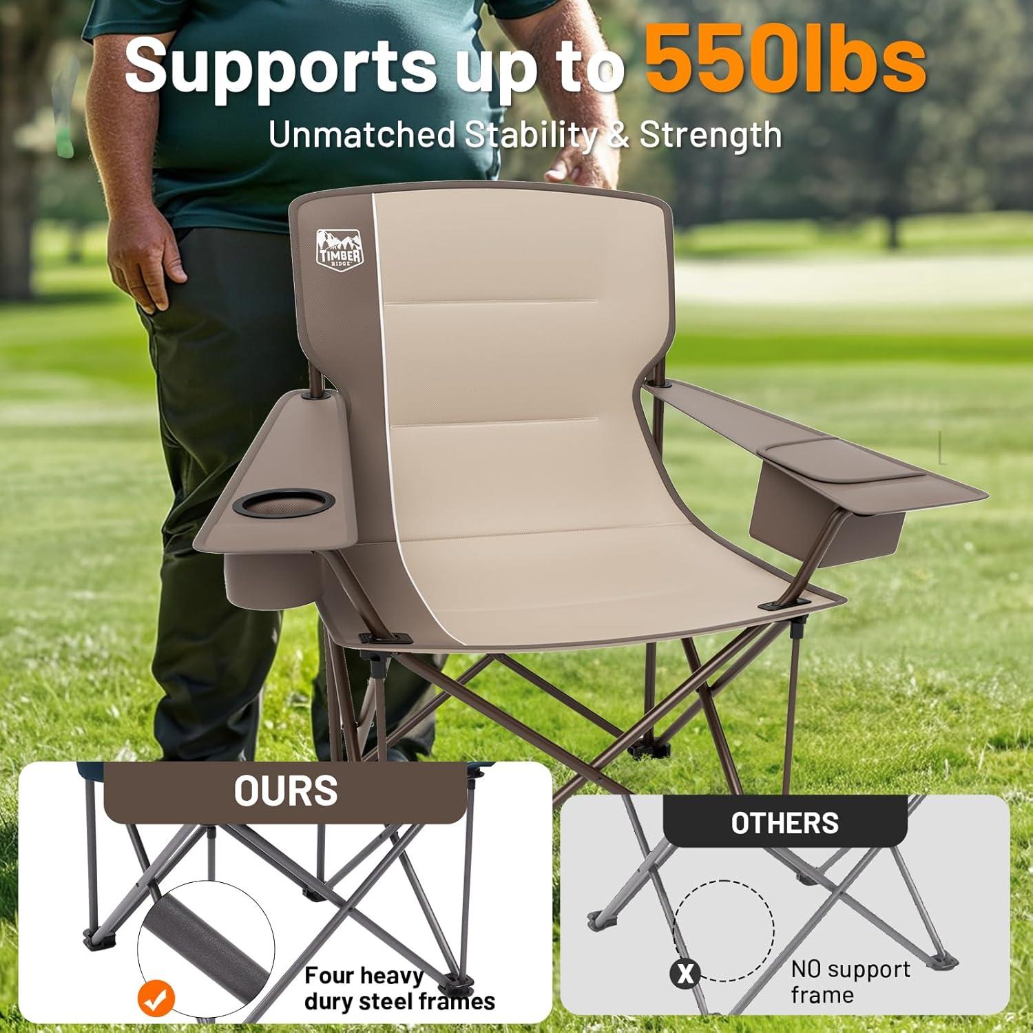 imageTIMBER RIDGE Oversized Folding Camping Chair for Adults Support 550 LBS Heavy Duty with Cup Holder Side Pocket for Camp Lawn Picnic Tan 2 PackTan2 Pack