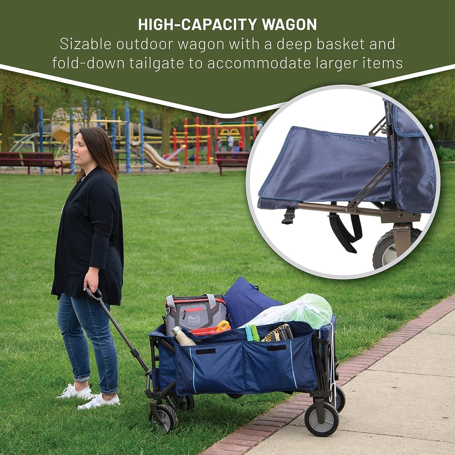 imageTIMBER RIDGE Tailgate Collapsible Folding Wagon Cart Heavy Duty Utility Push Pull Beach Wagon Foldable Outdoor Grocery Cart with Side Pockets for Camping Garden Shopping Holds 225 lbs Blue