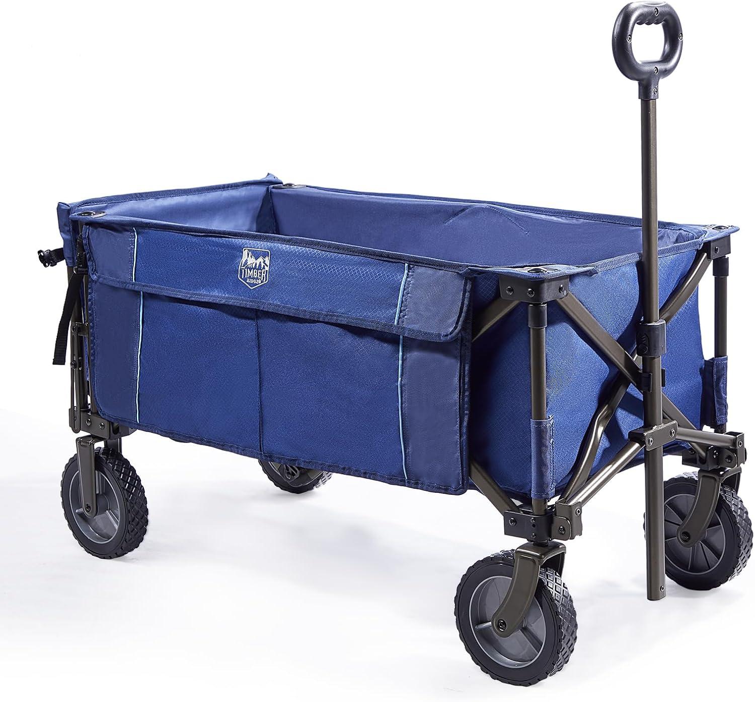 imageTIMBER RIDGE Tailgate Collapsible Folding Wagon Cart Heavy Duty Utility Push Pull Beach Wagon Foldable Outdoor Grocery Cart with Side Pockets for Camping Garden Shopping Holds 225 lbs Blue