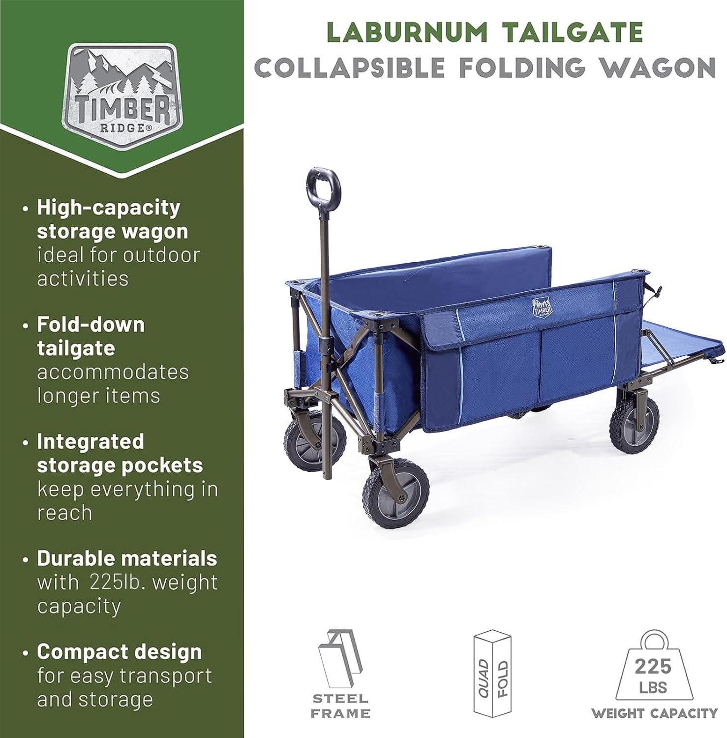 imageTIMBER RIDGE Tailgate Collapsible Folding Wagon Cart Heavy Duty Utility Push Pull Beach Wagon Foldable Outdoor Grocery Cart with Side Pockets for Camping Garden Shopping Holds 225 lbs Blue