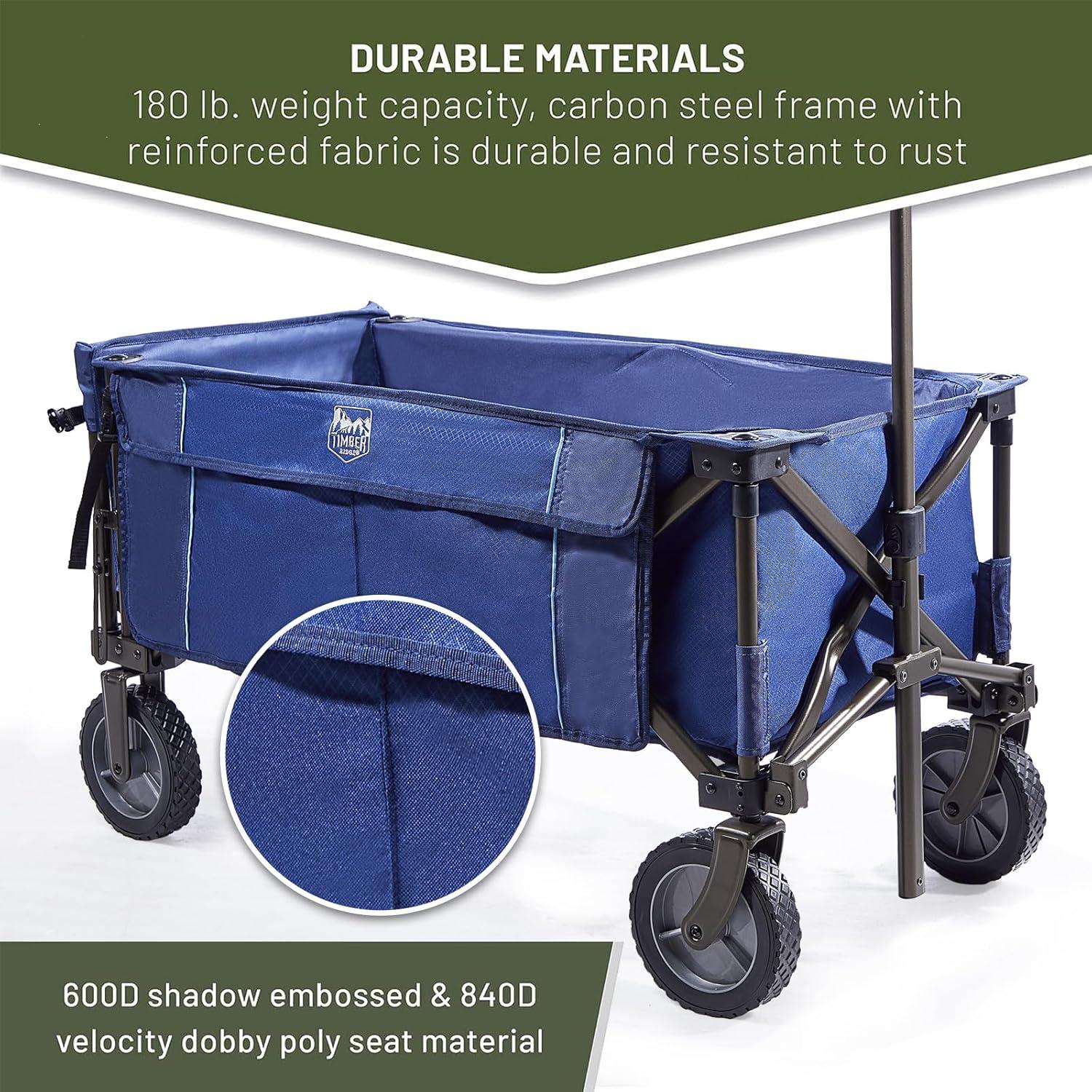imageTIMBER RIDGE Tailgate Collapsible Folding Wagon Cart Heavy Duty Utility Push Pull Beach Wagon Foldable Outdoor Grocery Cart with Side Pockets for Camping Garden Shopping Holds 225 lbs Blue