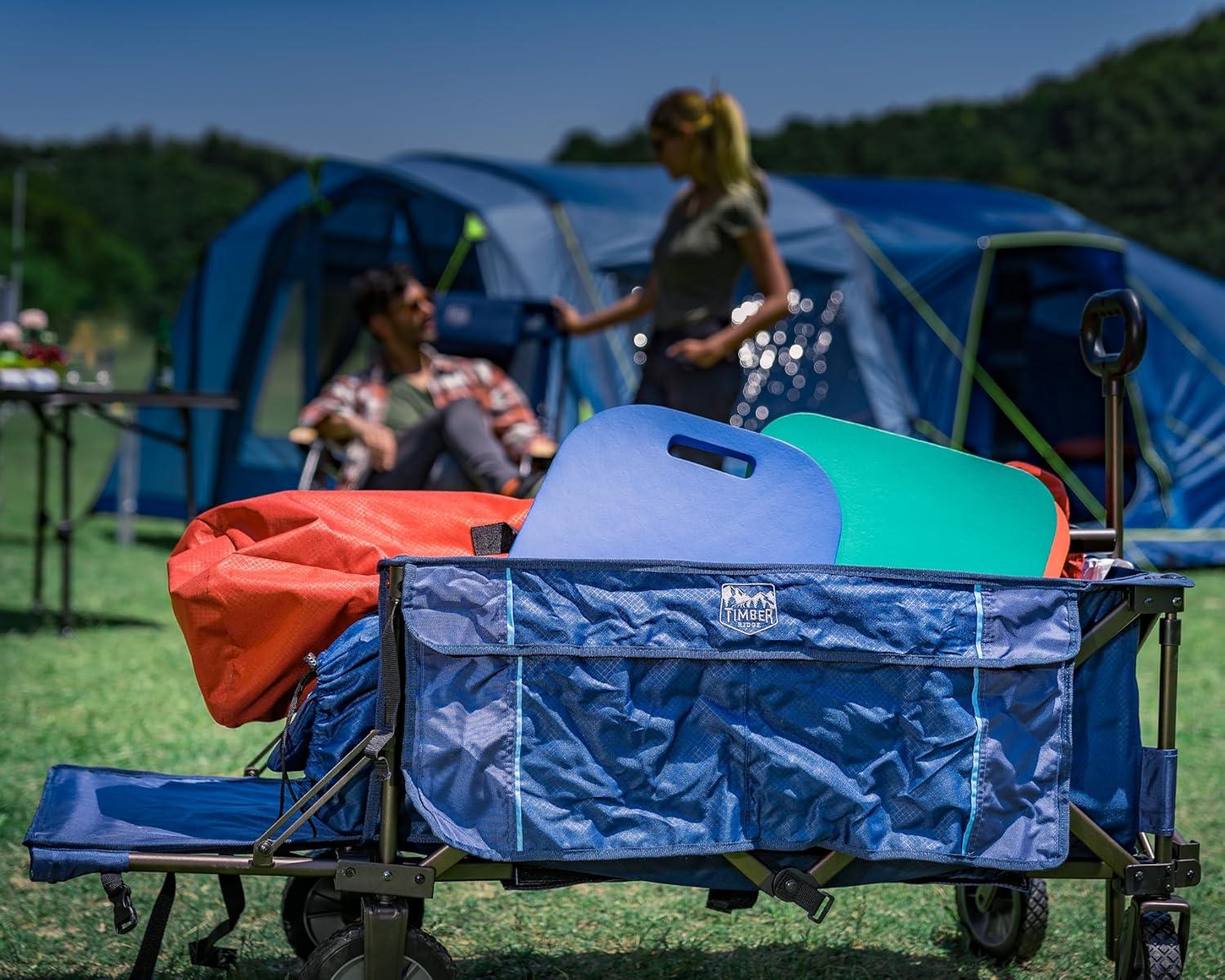 imageTIMBER RIDGE Tailgate Collapsible Folding Wagon Cart Heavy Duty Utility Push Pull Beach Wagon Foldable Outdoor Grocery Cart with Side Pockets for Camping Garden Shopping Holds 225 lbs Blue