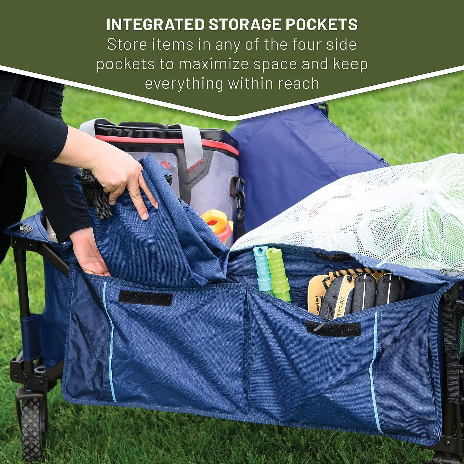 imageTIMBER RIDGE Tailgate Collapsible Folding Wagon Cart Heavy Duty Utility Push Pull Beach Wagon Foldable Outdoor Grocery Cart with Side Pockets for Camping Garden Shopping Holds 225 lbs Blue