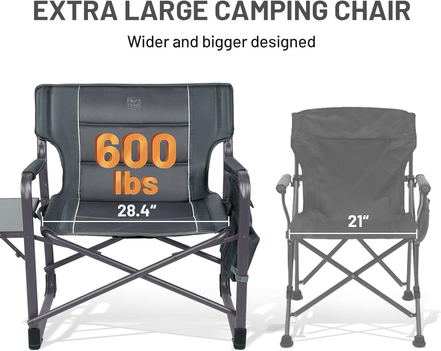 imageTIMBER RIDGE XXL Upgraded Oversized Directors Chairs with Foldable Side Table Detachable Side Pocket Heavy Duty Folding Camping Chair up to 600 Lbs Weight Capacity Grey Ideal Gift 2 PackDark Grey2 Pack