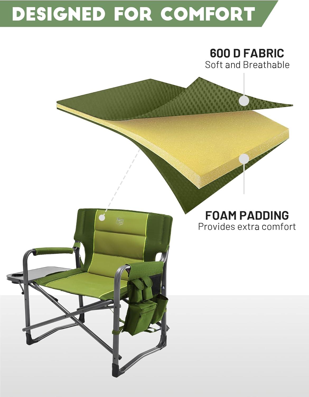 imageTIMBER RIDGE XXL Upgraded Oversized Directors Chairs with Foldable Side Table Detachable Side Pocket Heavy Duty Folding Camping Chair up to 600 Lbs Weight Capacity Grey Ideal Gift 2 PackGreen