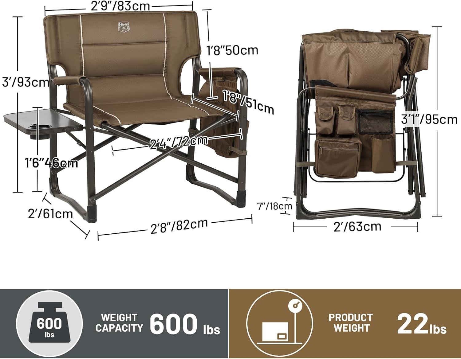 imageTIMBER RIDGE XXL Upgraded Oversized Directors Chairs with Foldable Side Table Detachable Side Pocket Heavy Duty Folding Camping Chair up to 600 Lbs Weight Capacity Grey Ideal Gift 2 PackBrown