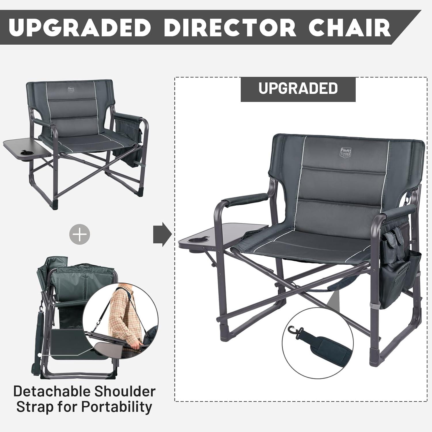 imageTIMBER RIDGE XXL Upgraded Oversized Directors Chairs with Foldable Side Table Detachable Side Pocket Heavy Duty Folding Camping Chair up to 600 Lbs Weight Capacity Grey Ideal Gift 2 PackDark Grey2 Pack