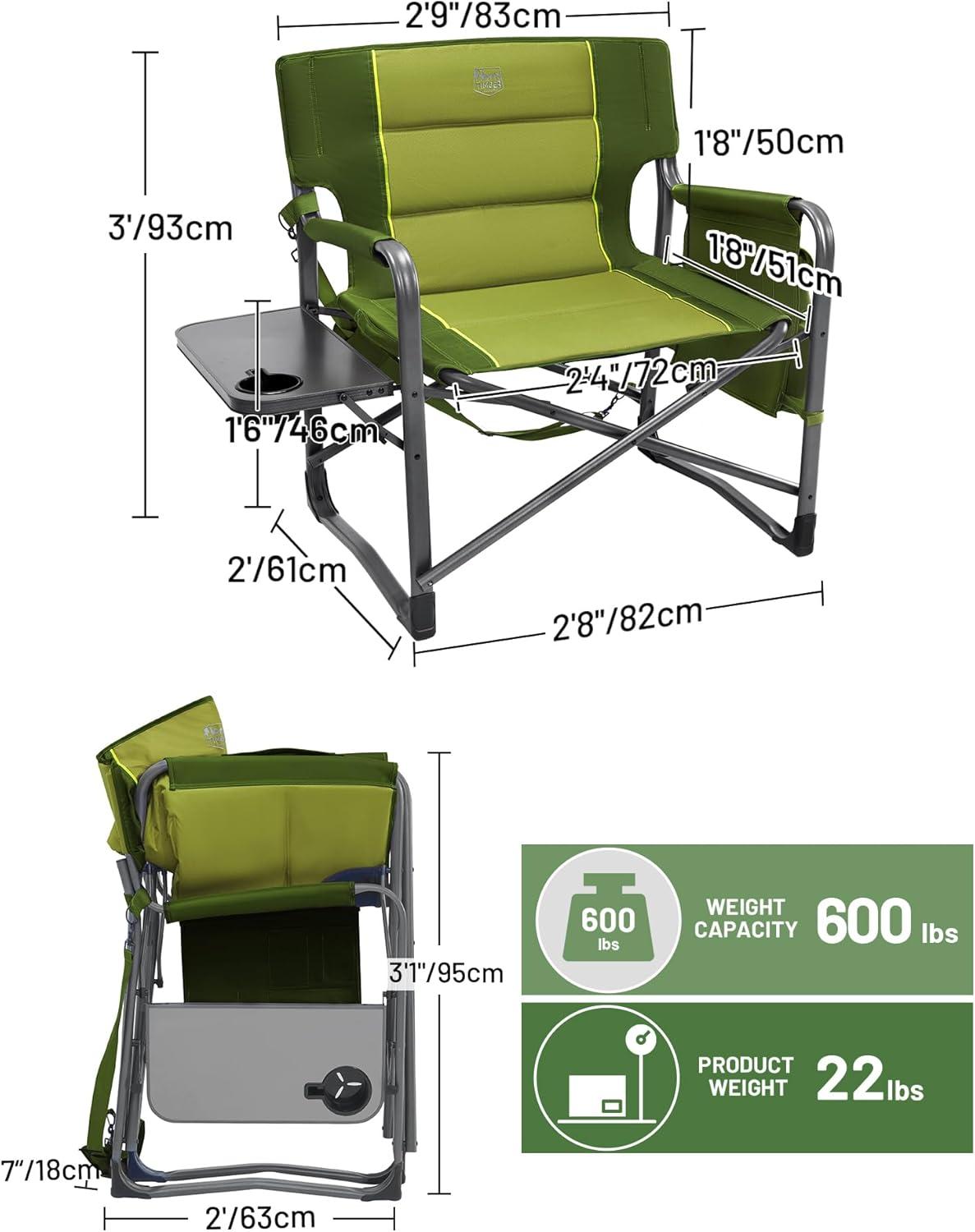 imageTIMBER RIDGE XXL Upgraded Oversized Directors Chairs with Foldable Side Table Detachable Side Pocket Heavy Duty Folding Camping Chair up to 600 Lbs Weight Capacity Grey Ideal Gift 2 PackGreen