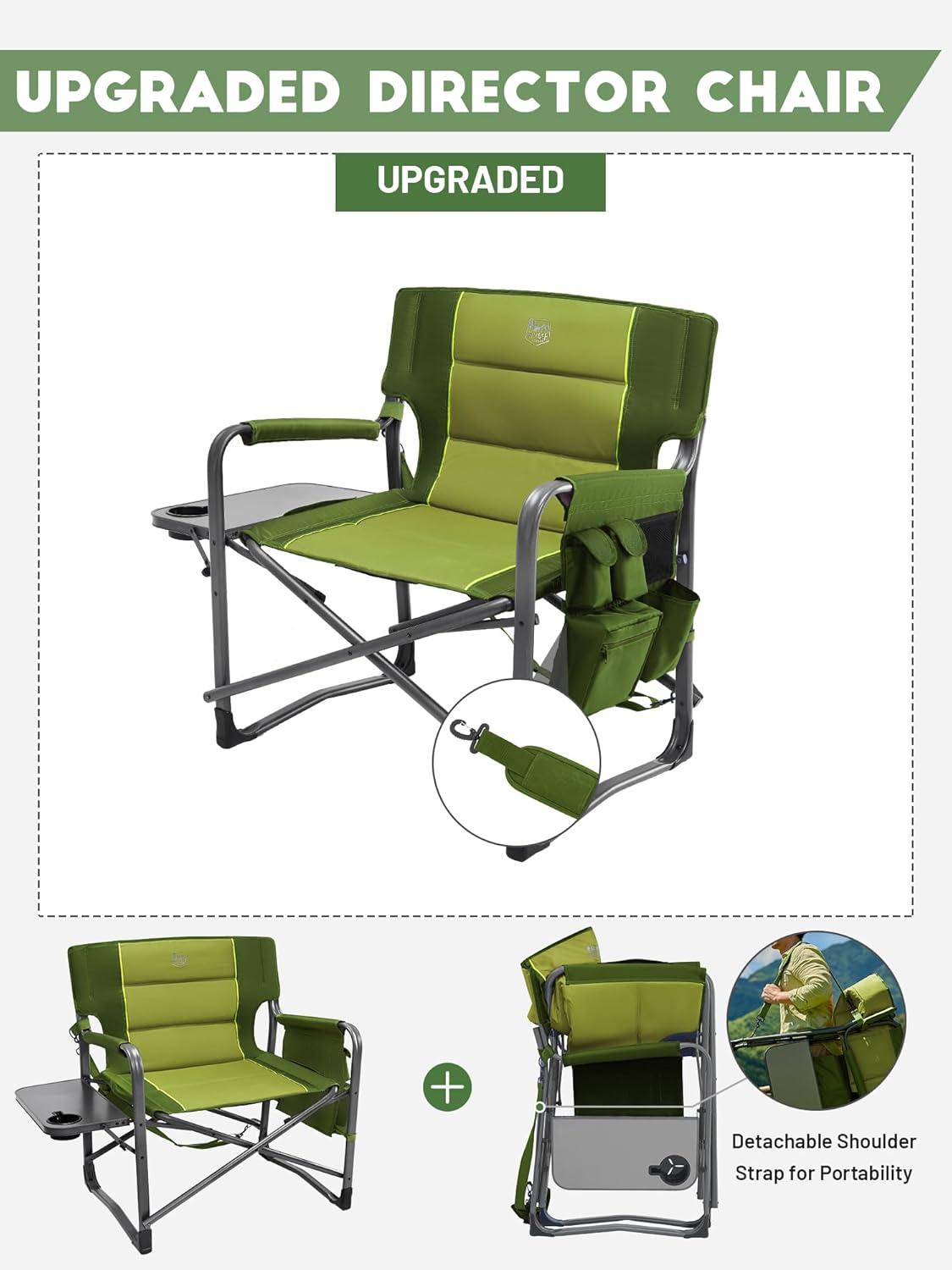 imageTIMBER RIDGE XXL Upgraded Oversized Directors Chairs with Foldable Side Table Detachable Side Pocket Heavy Duty Folding Camping Chair up to 600 Lbs Weight Capacity Grey Ideal Gift 2 PackGreen