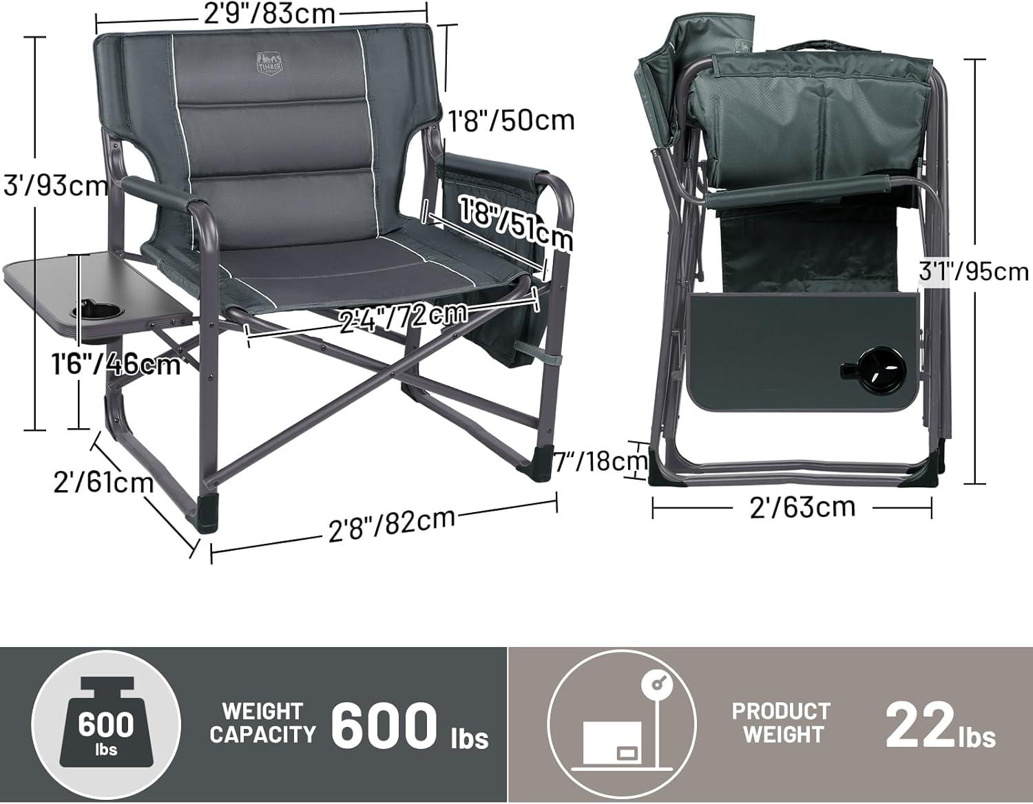 imageTIMBER RIDGE XXL Upgraded Oversized Directors Chairs with Foldable Side Table Detachable Side Pocket Heavy Duty Folding Camping Chair up to 600 Lbs Weight Capacity Grey Ideal Gift 2 PackDark Grey