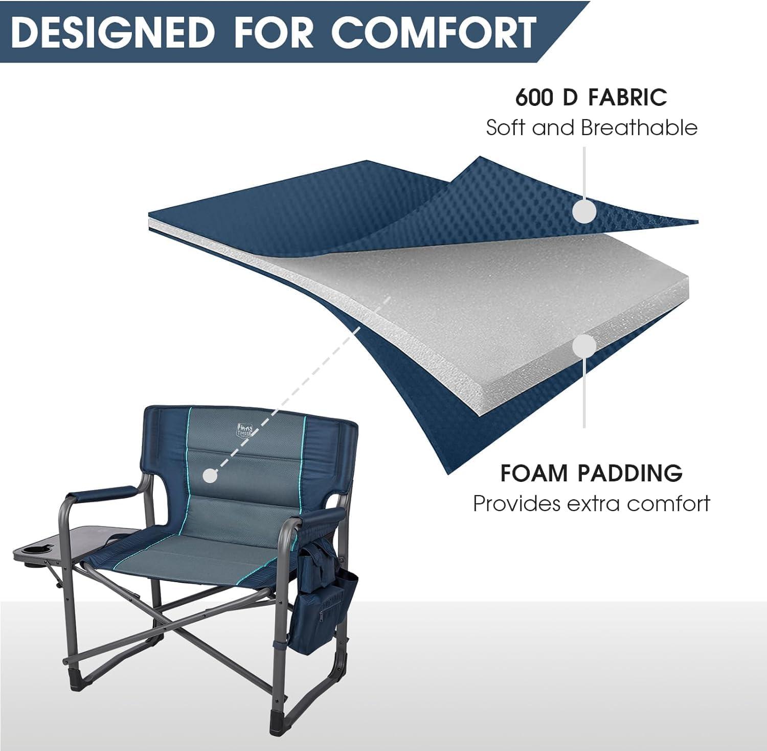 imageTIMBER RIDGE XXL Upgraded Oversized Directors Chairs with Foldable Side Table Detachable Side Pocket Heavy Duty Folding Camping Chair up to 600 Lbs Weight Capacity Grey Ideal Gift 2 PackBlue2 Pack