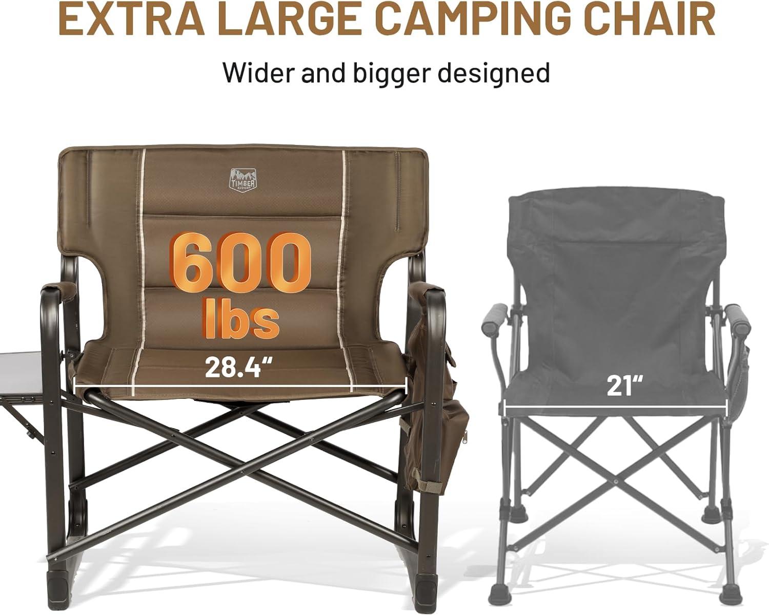 imageTIMBER RIDGE XXL Upgraded Oversized Directors Chairs with Foldable Side Table Detachable Side Pocket Heavy Duty Folding Camping Chair up to 600 Lbs Weight Capacity Grey Ideal Gift 2 PackBrown