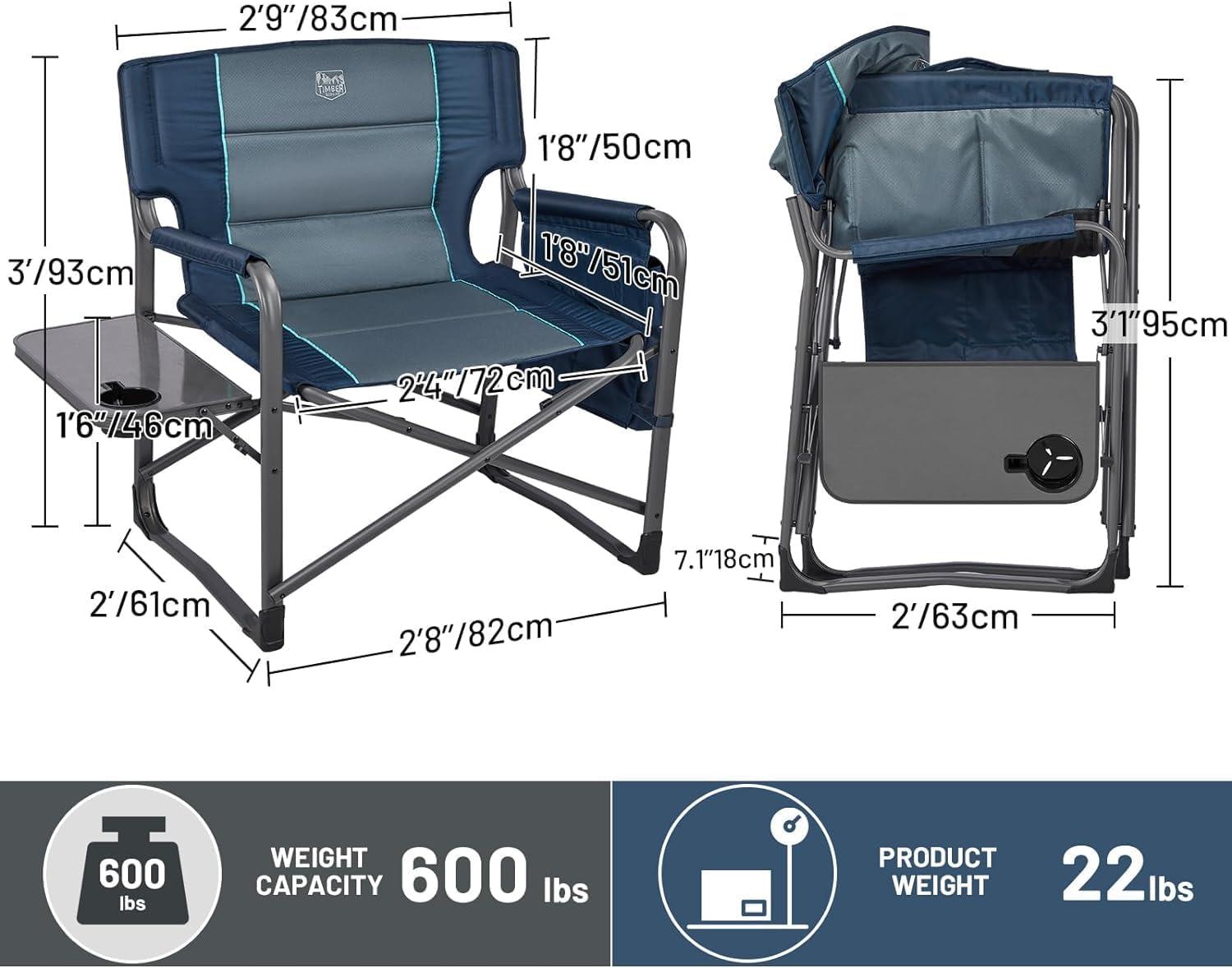 imageTIMBER RIDGE XXL Upgraded Oversized Directors Chairs with Foldable Side Table Detachable Side Pocket Heavy Duty Folding Camping Chair up to 600 Lbs Weight Capacity Grey Ideal Gift 2 PackBlue2 Pack